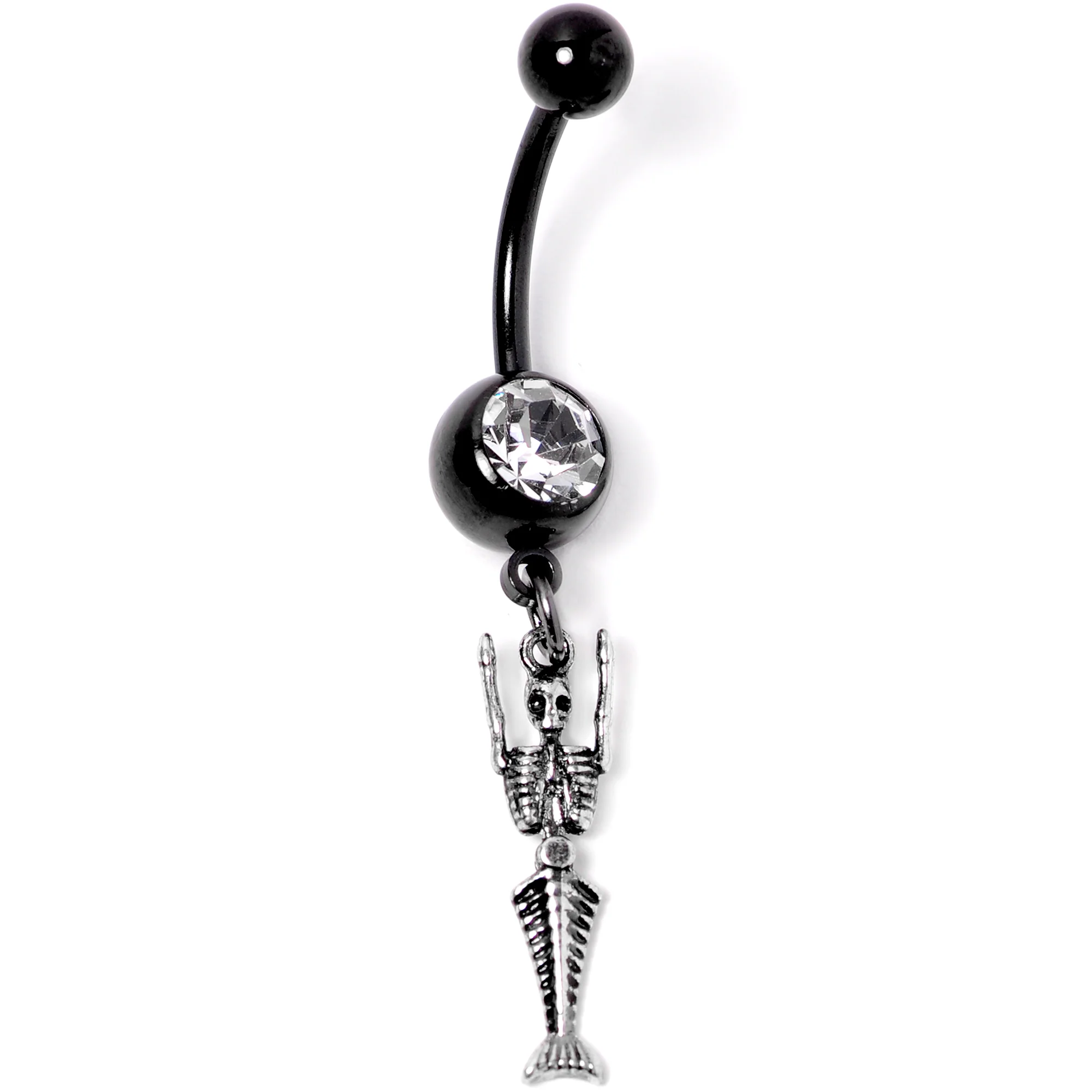Clear Gem Black PVD Mermaid Skeleton Halloween Dangle Belly Ring - Image 3
