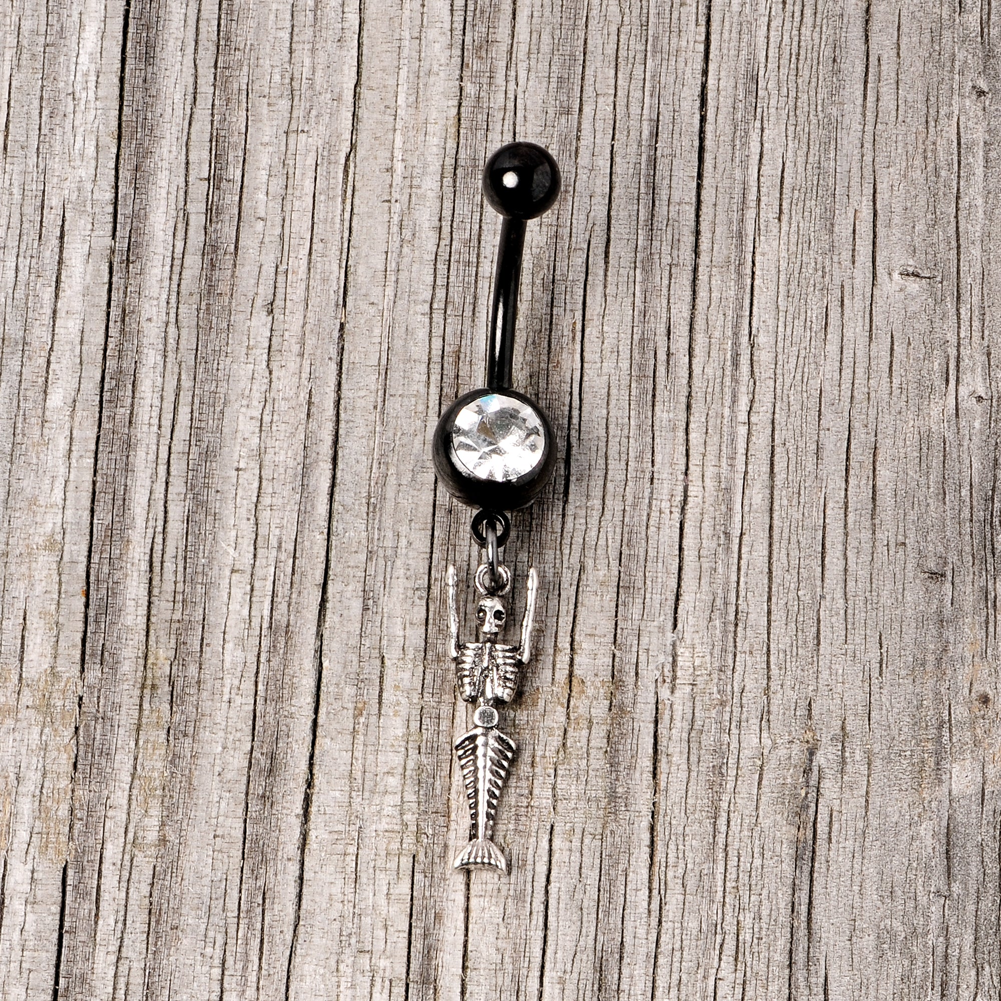 Clear Gem Black PVD Mermaid Skeleton Halloween Dangle Belly Ring - Image 4
