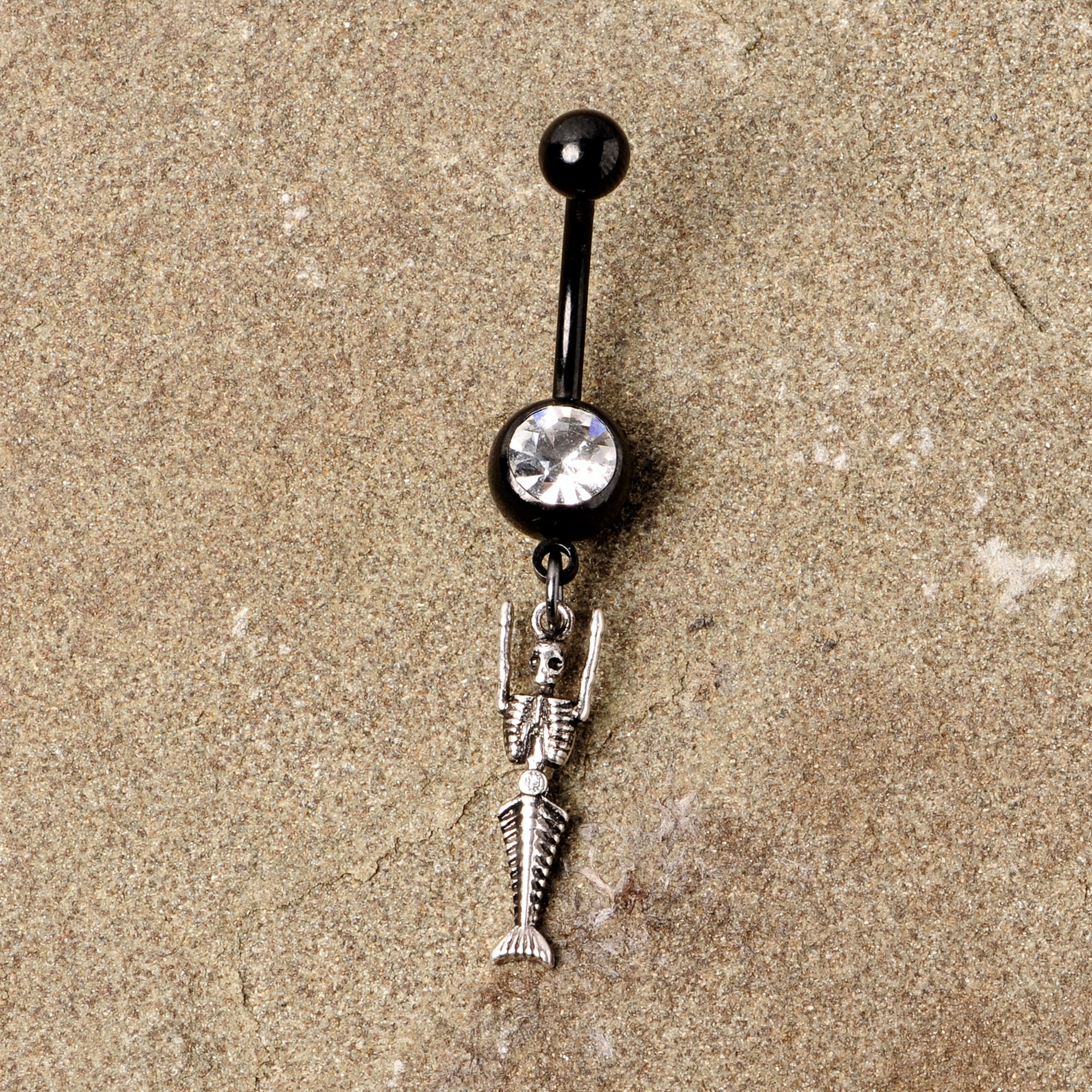 Clear Gem Black PVD Mermaid Skeleton Halloween Dangle Belly Ring - Image 5