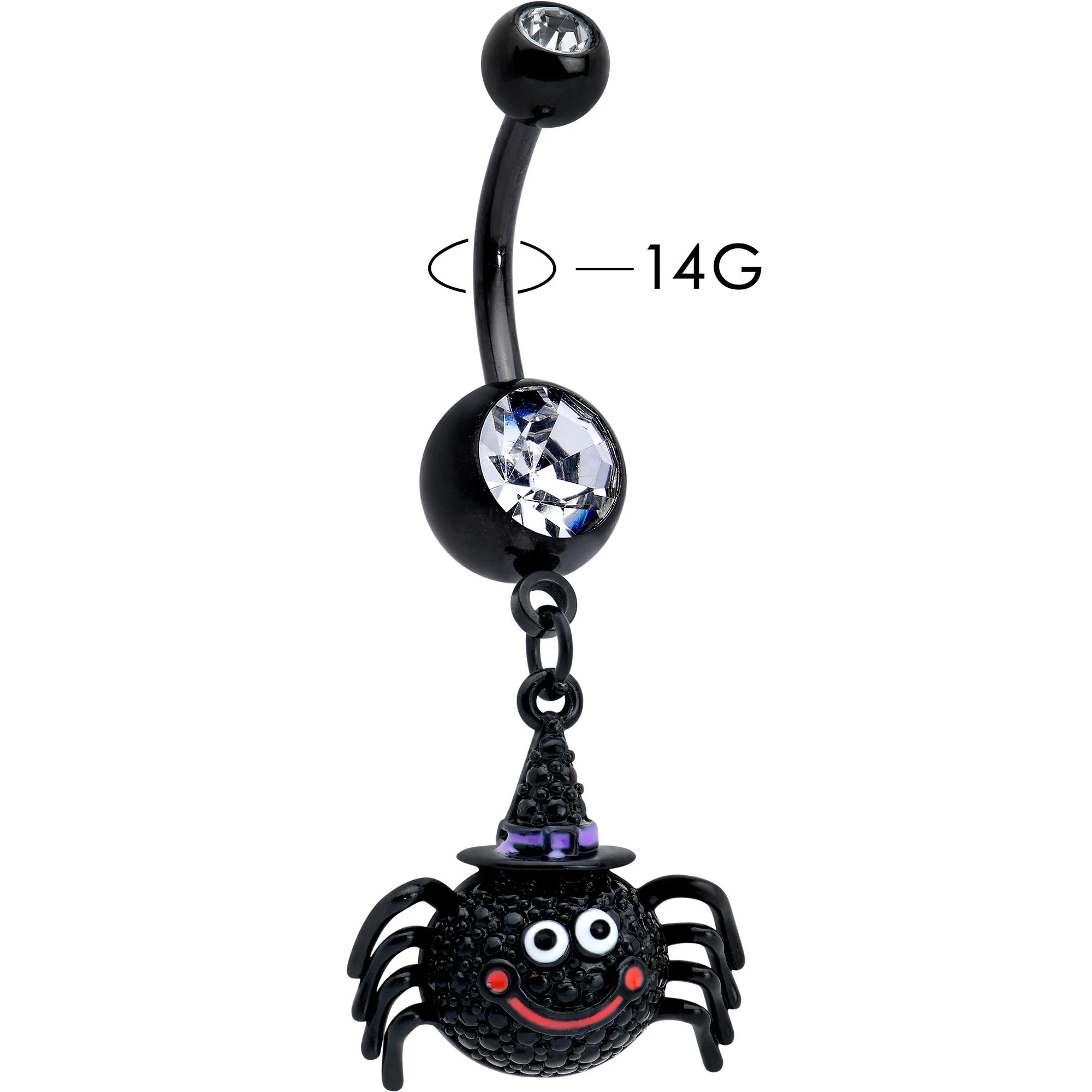 Clear Gem Black Smiling Spider Witch Halloween Dangle Belly Ring - Image 2