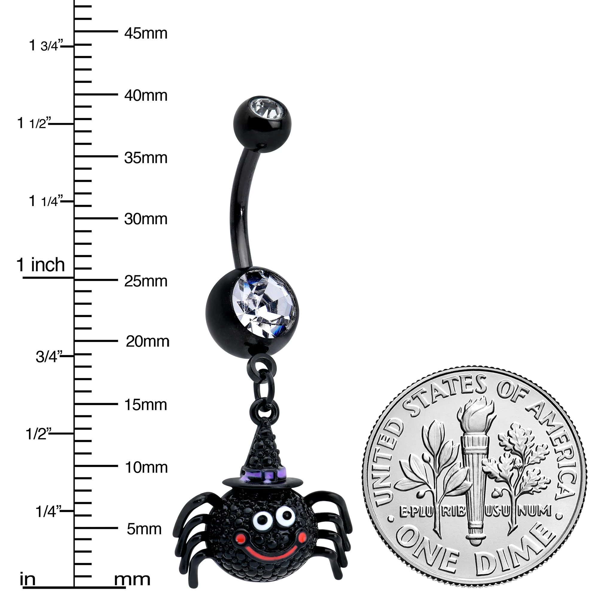 Clear Gem Black Smiling Spider Witch Halloween Dangle Belly Ring - Image 3