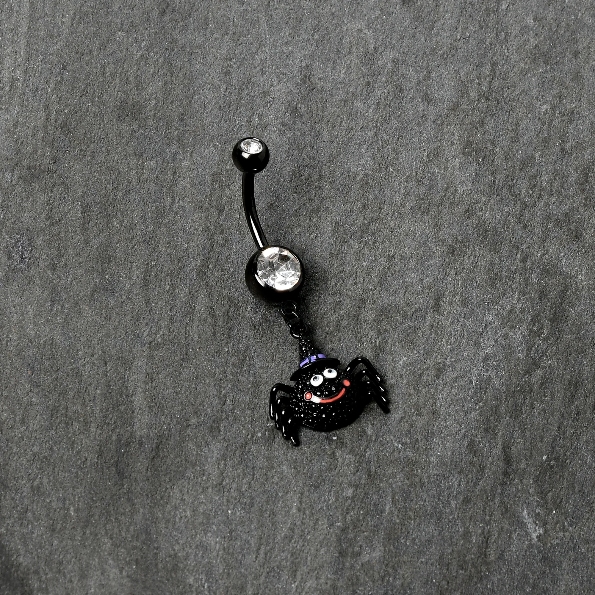 Clear Gem Black Smiling Spider Witch Halloween Dangle Belly Ring - Image 4