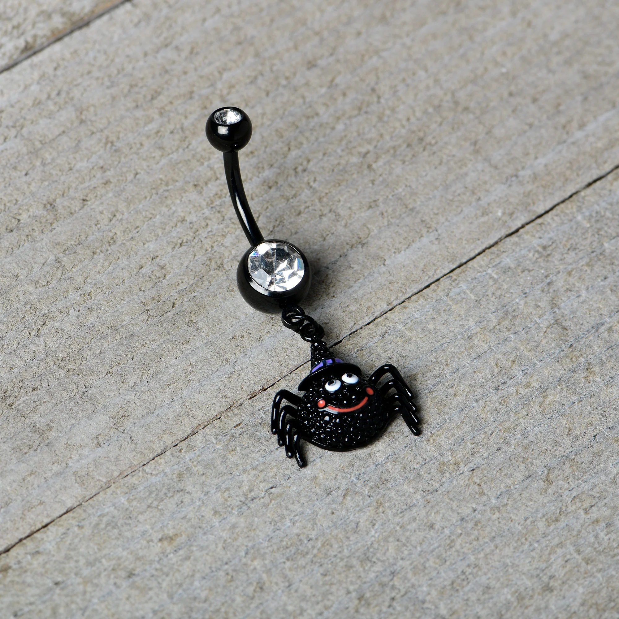Clear Gem Black Smiling Spider Witch Halloween Dangle Belly Ring - Image 5