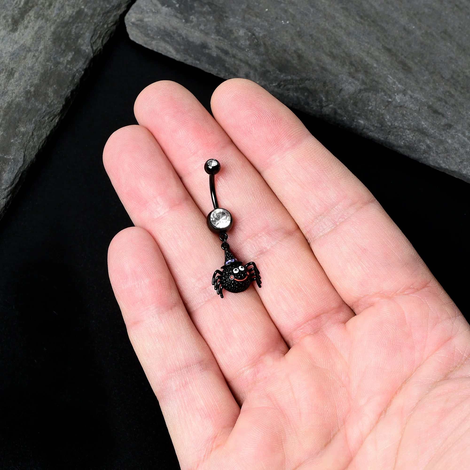 Clear Gem Black Smiling Spider Witch Halloween Dangle Belly Ring - Image 6