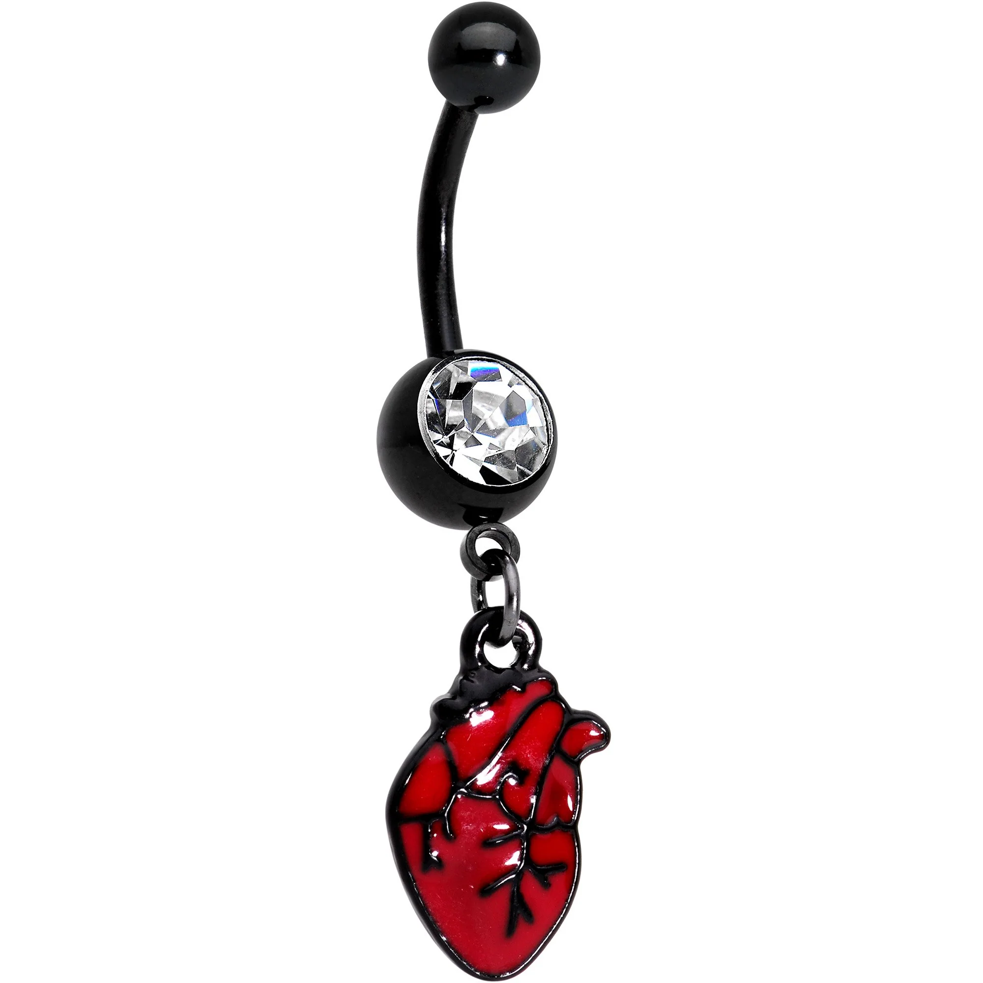 Clear Gem Black Twisted Red Anatomical Heart Belly Ring Set of 2 - Image 2