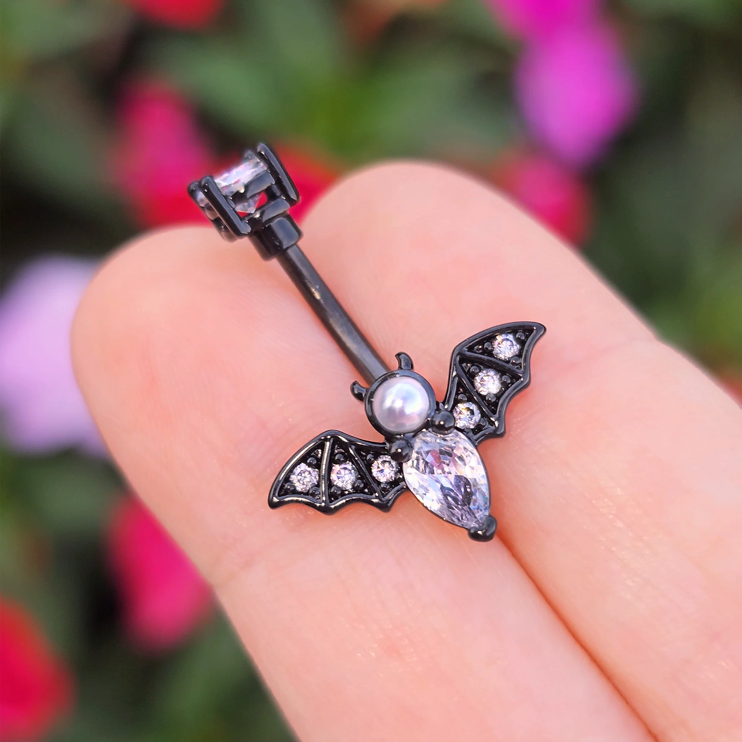 Clear Gem Black Vampire Bat Halloween Double Mount Belly Ring - Image 2