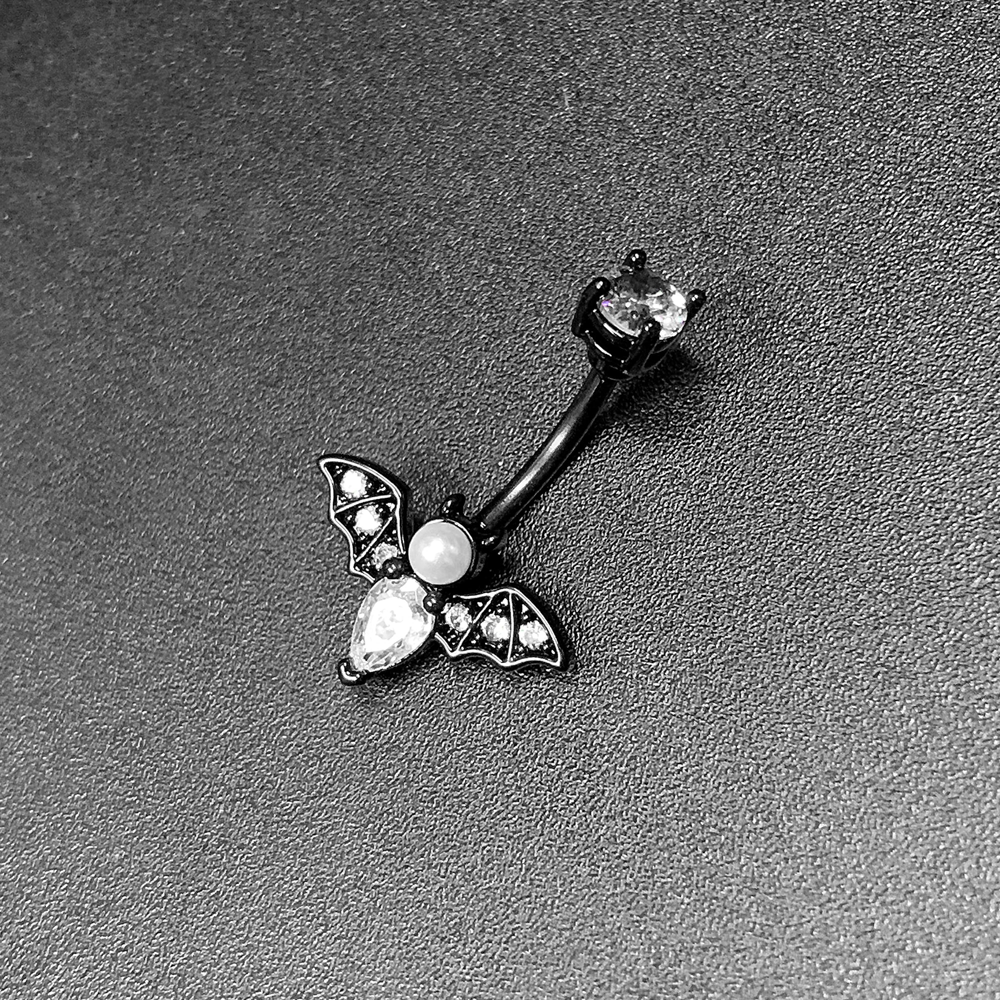 Clear Gem Black Vampire Bat Halloween Double Mount Belly Ring - Image 8