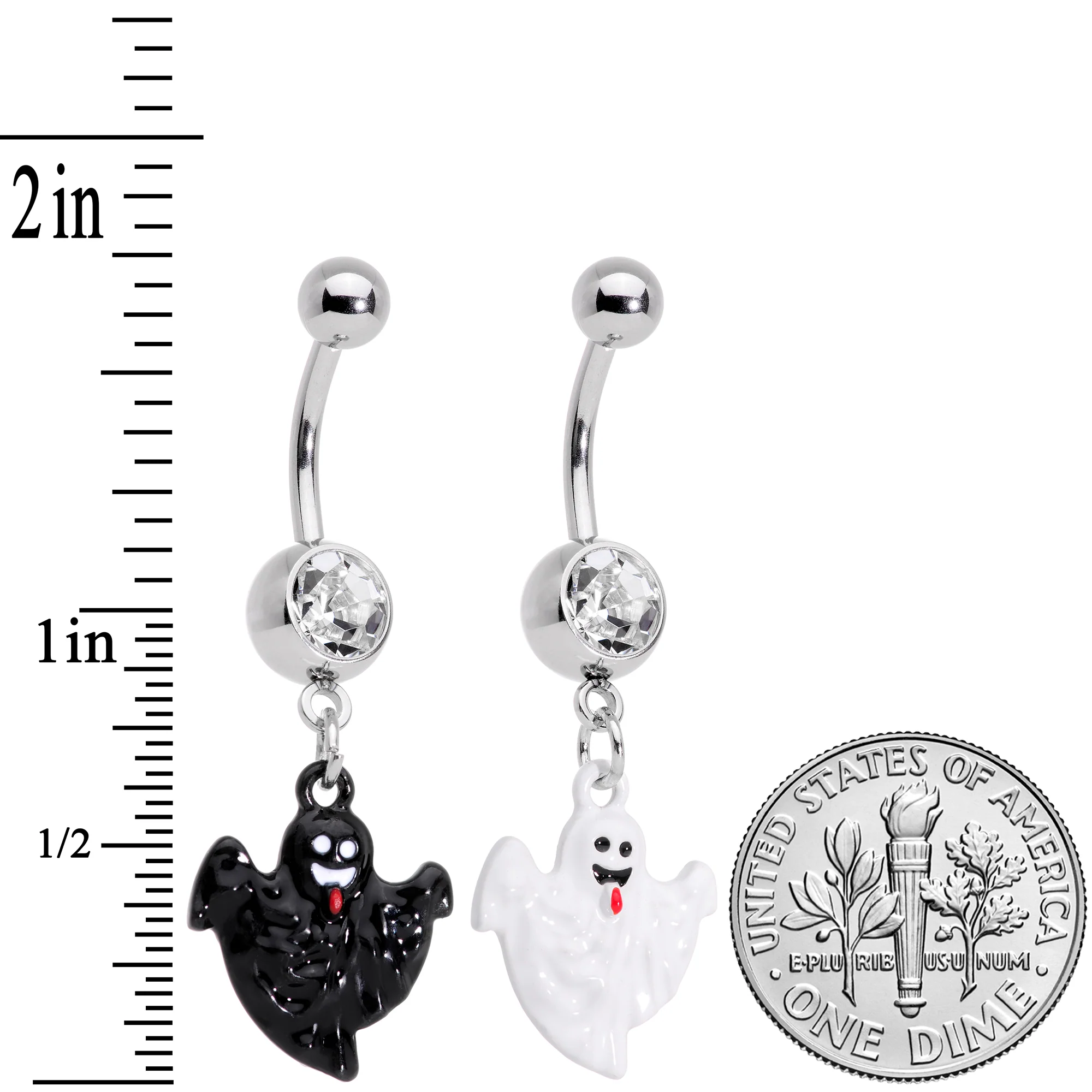Clear Gem Black White Ghost Halloween Dangle Belly Ring Set of 2 - Image 4