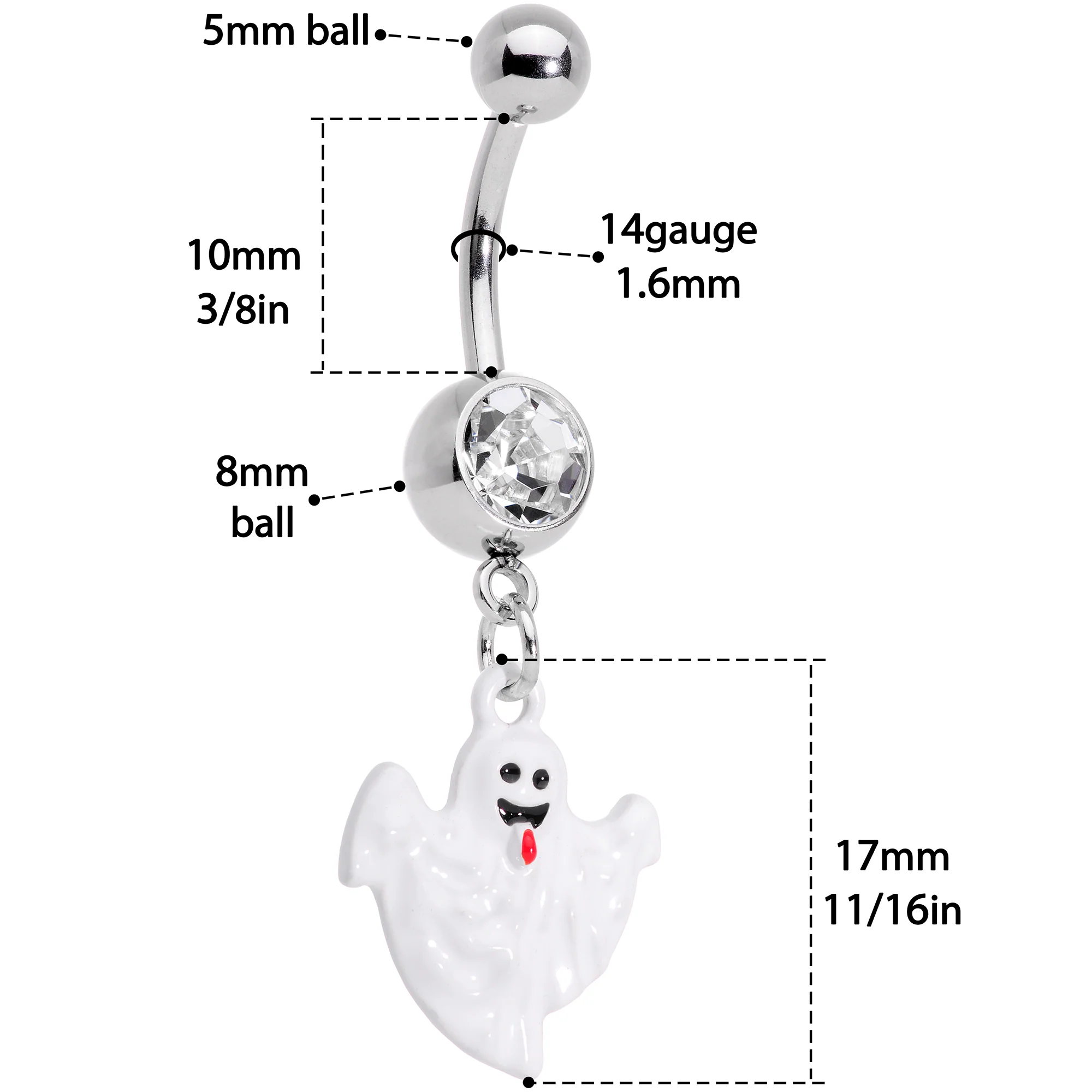 Clear Gem Black White Ghost Halloween Dangle Belly Ring Set of 2 - Image 5