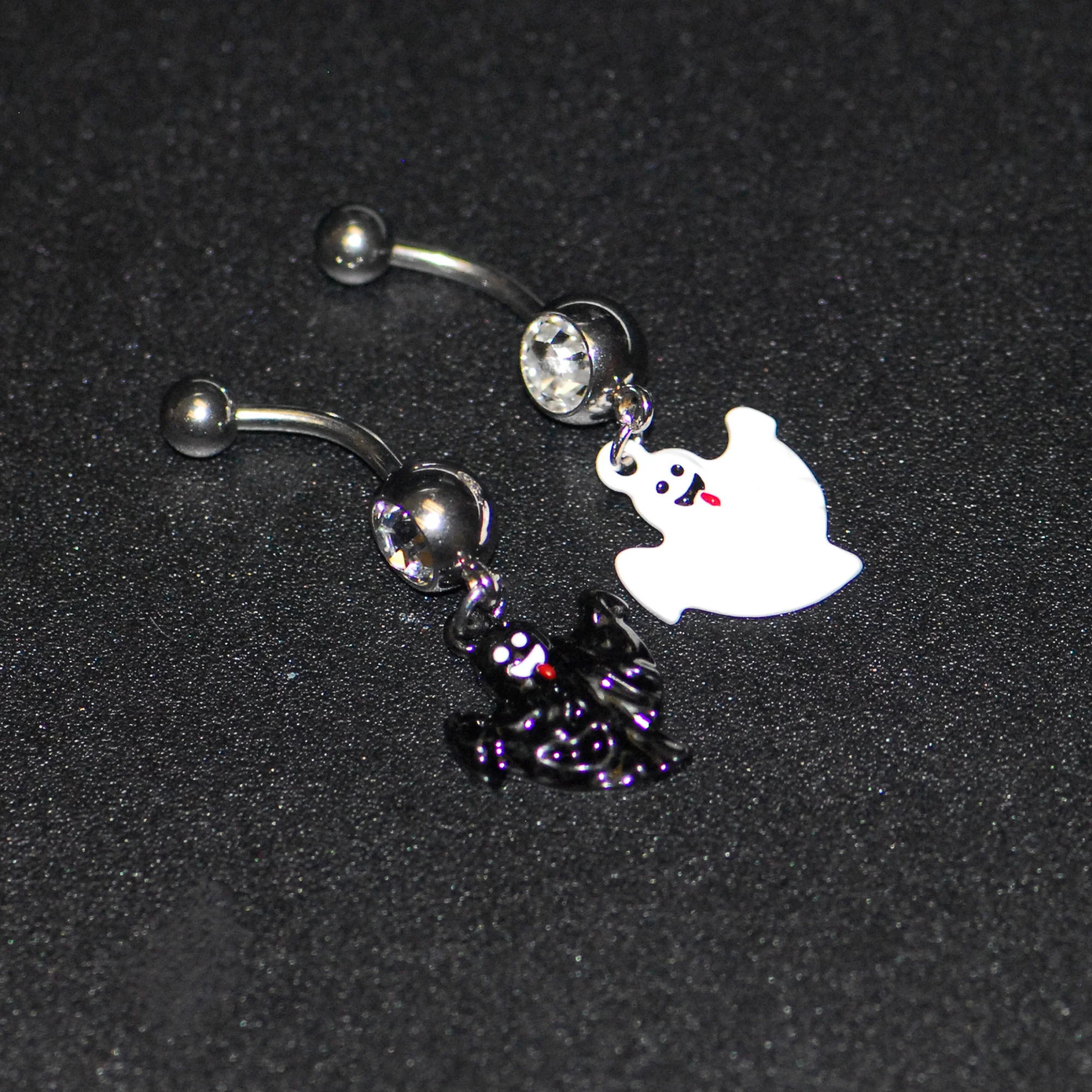 Clear Gem Black White Ghost Halloween Dangle Belly Ring Set of 2 - Image 6