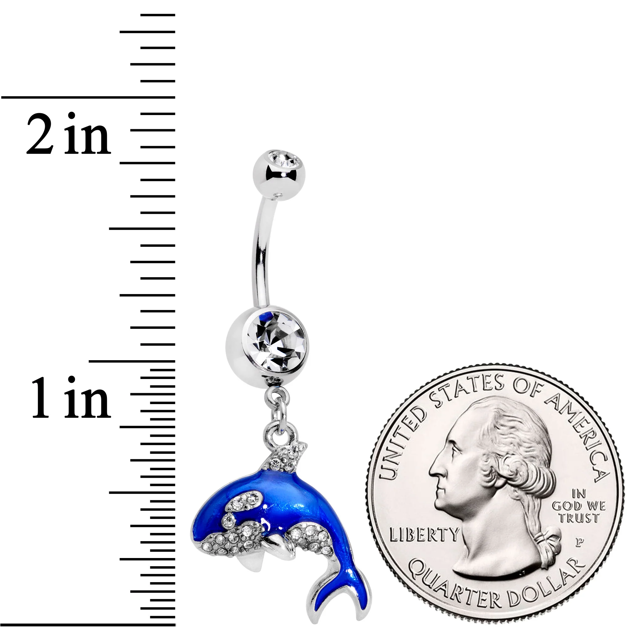 Clear Gem Bling Blue Orca Whale Dangle Belly Ring - Image 2