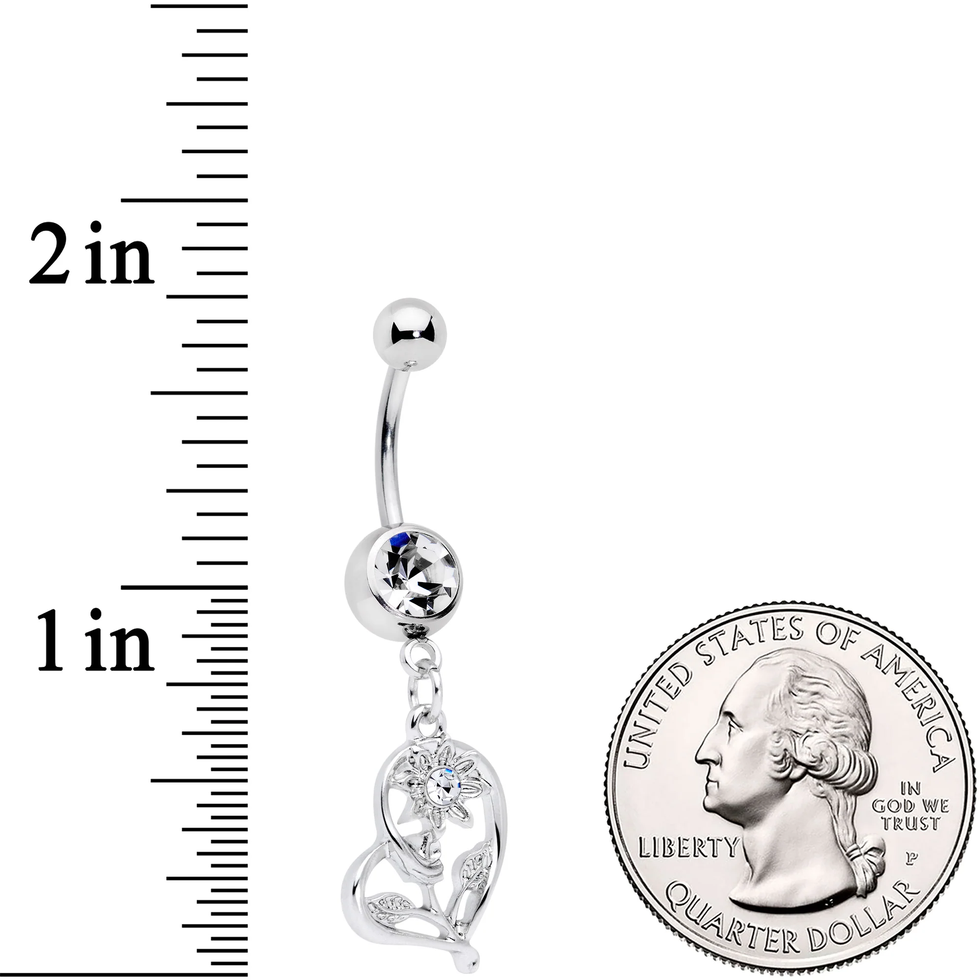 Clear Gem Blossoming Heart Flower Dangle Belly Ring - Image 2