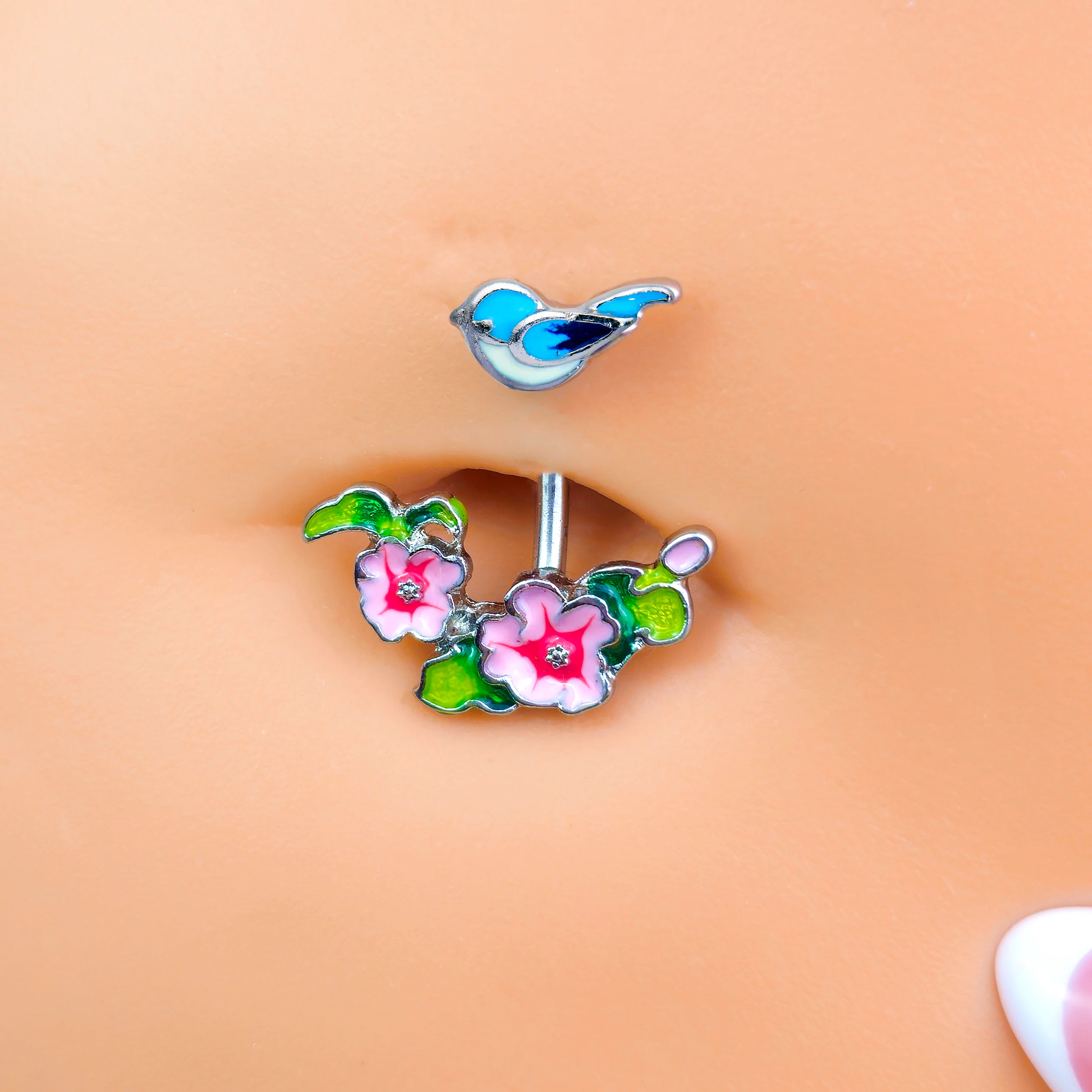 Clear Gem Blue Bird Pink Flowers Double Mount Belly Ring - Image 2