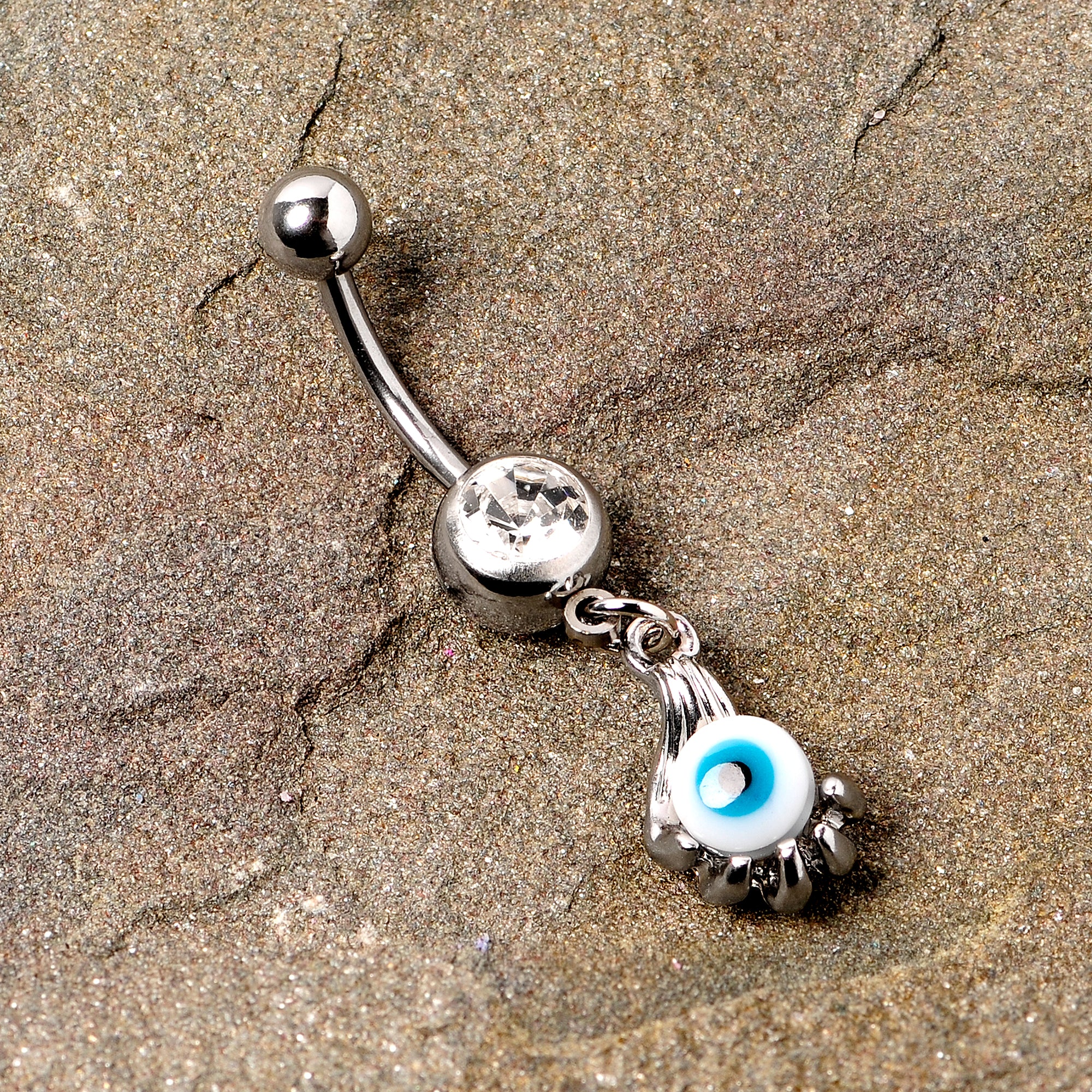 Clear Gem Blue Eyeball Hand Halloween Dangle Belly Ring - Image 2