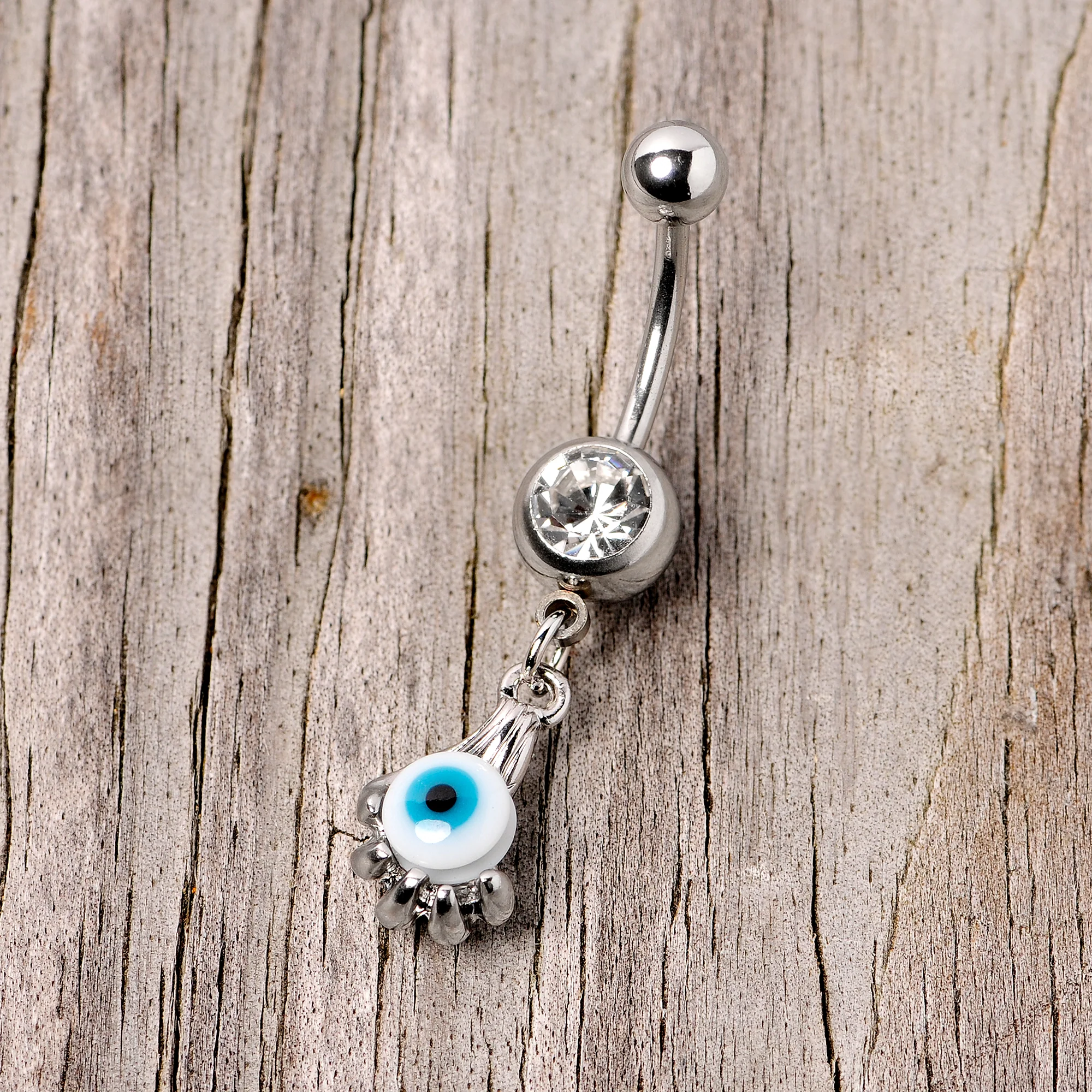 Clear Gem Blue Eyeball Hand Halloween Dangle Belly Ring - Image 3