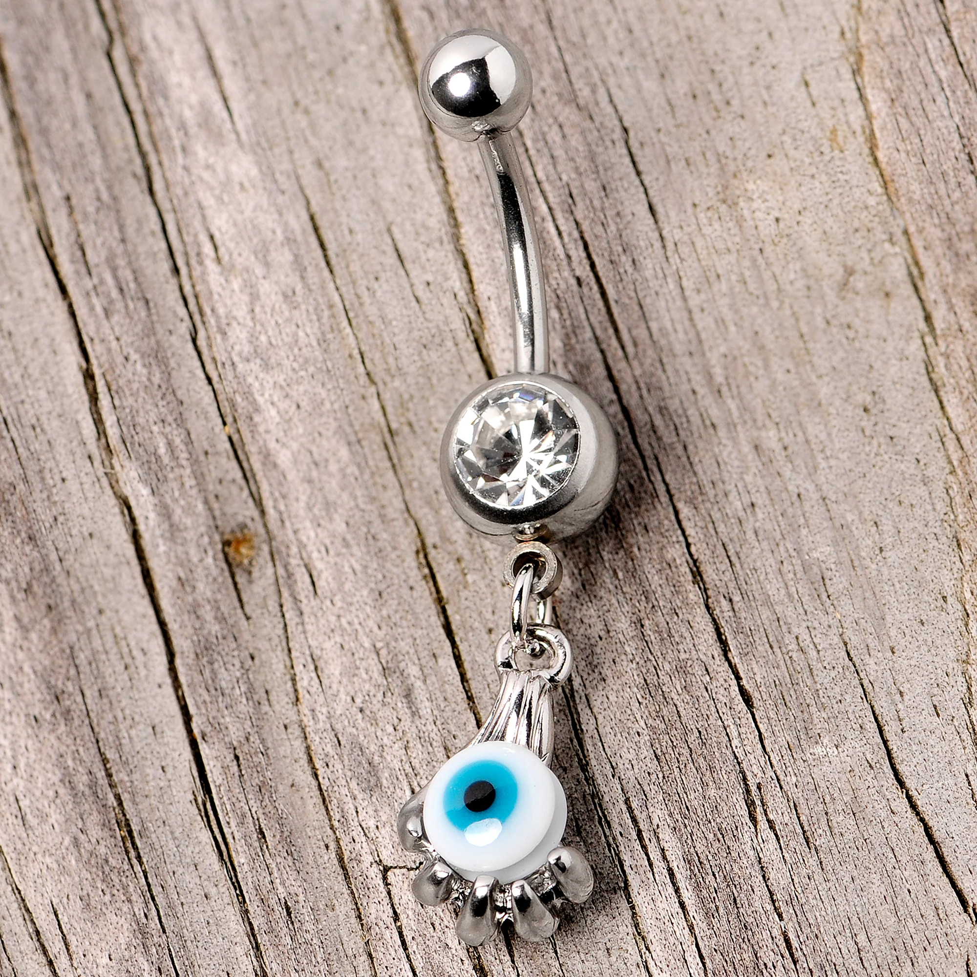 Clear Gem Blue Eyeball Hand Halloween Dangle Belly Ring - Image 4