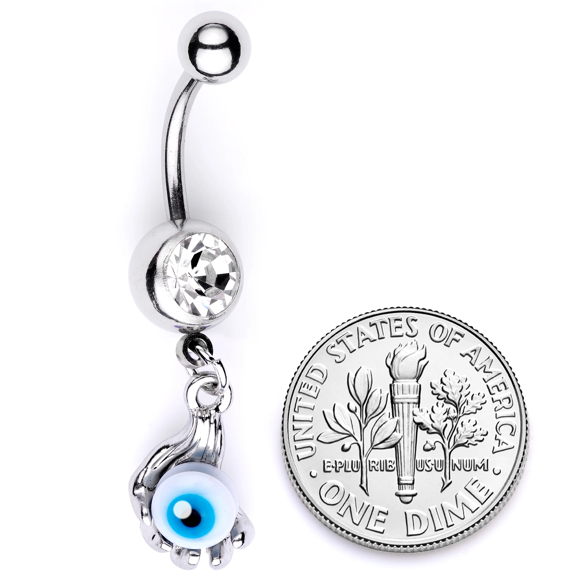 Clear Gem Blue Eyeball Hand Halloween Dangle Belly Ring - Image 5