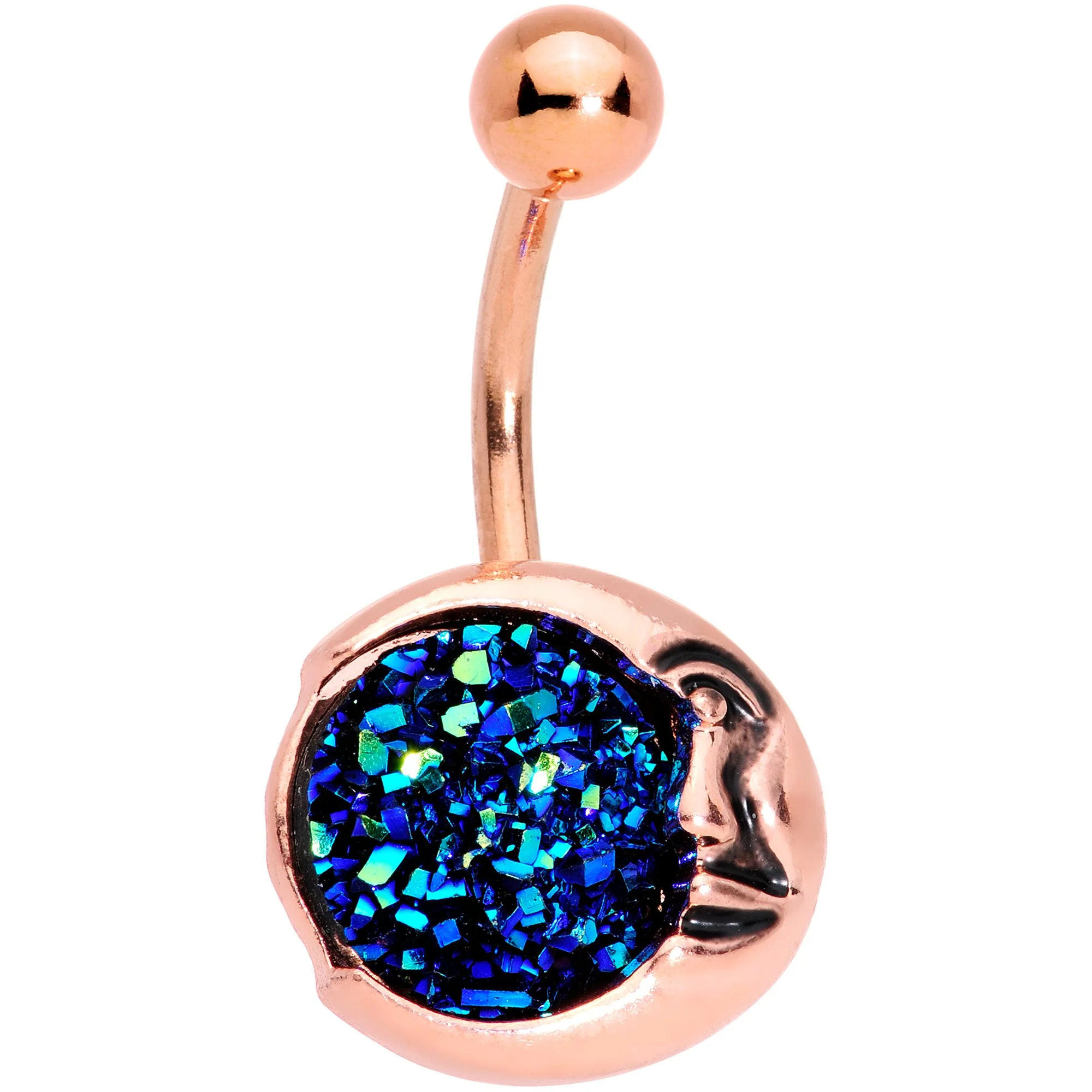 Clear Gem Blue Faux Druzy Rose Gold Tone Peaceful Moon Belly Ring Set - Image 2