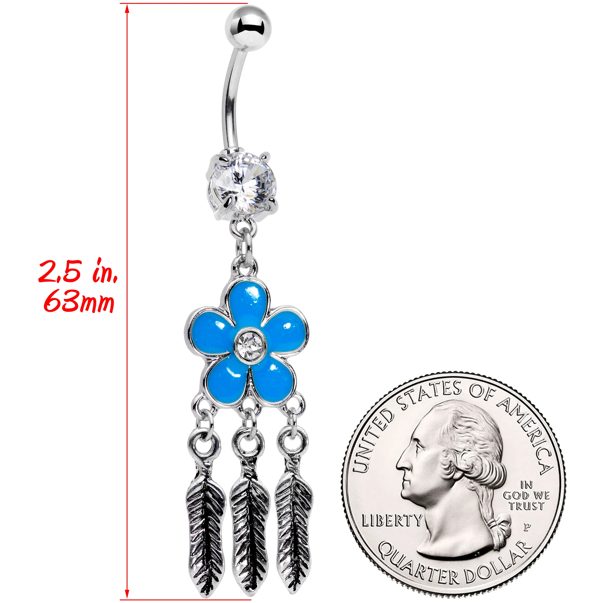Clear Gem Blue Flower Feathers Dreamcatcher Dangle Belly Ring - Image 2