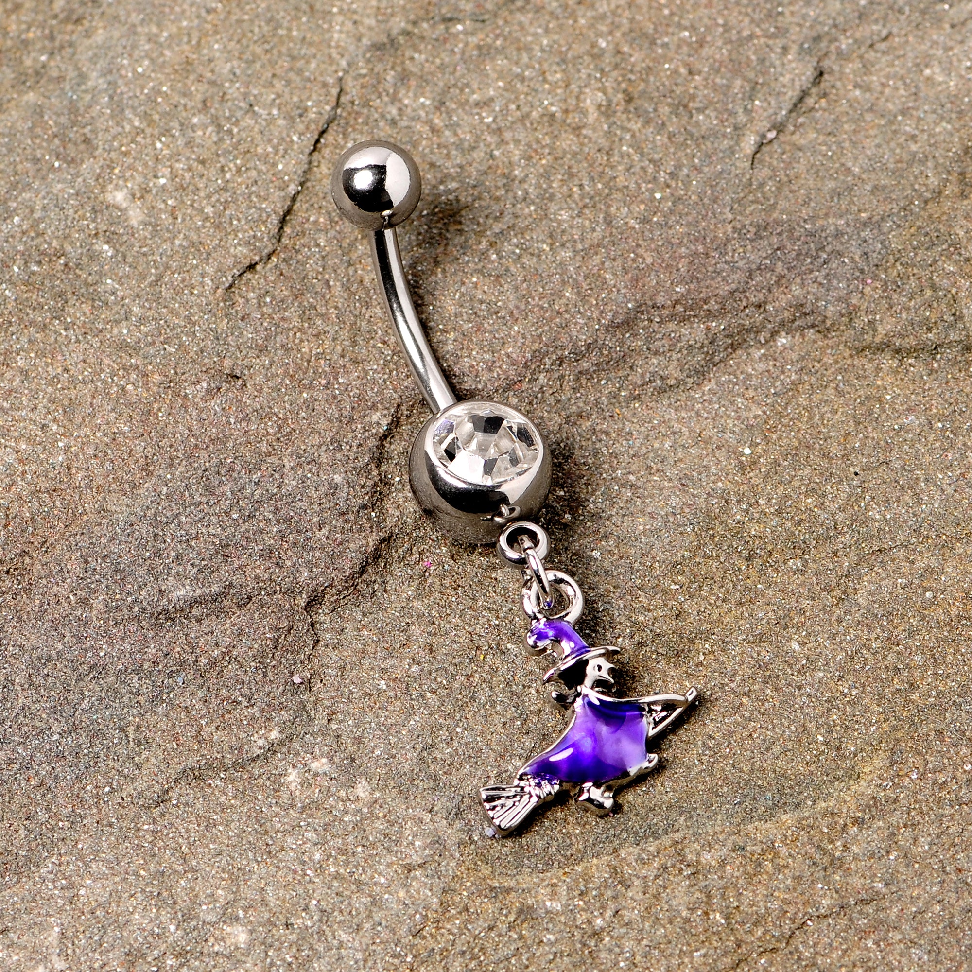 Clear Gem Blue Flying Witch Halloween Dangle Belly Ring - Image 2
