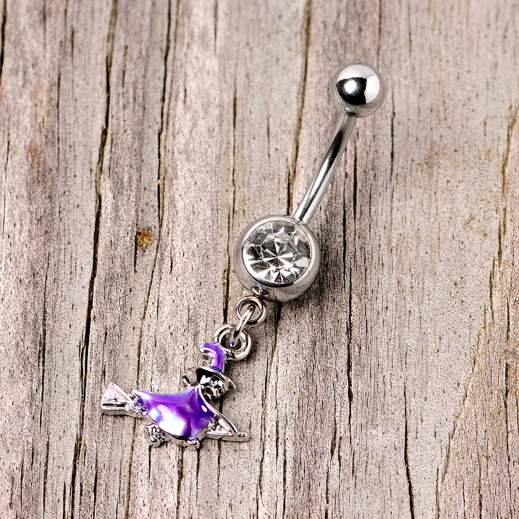 Clear Gem Blue Flying Witch Halloween Dangle Belly Ring - Image 3