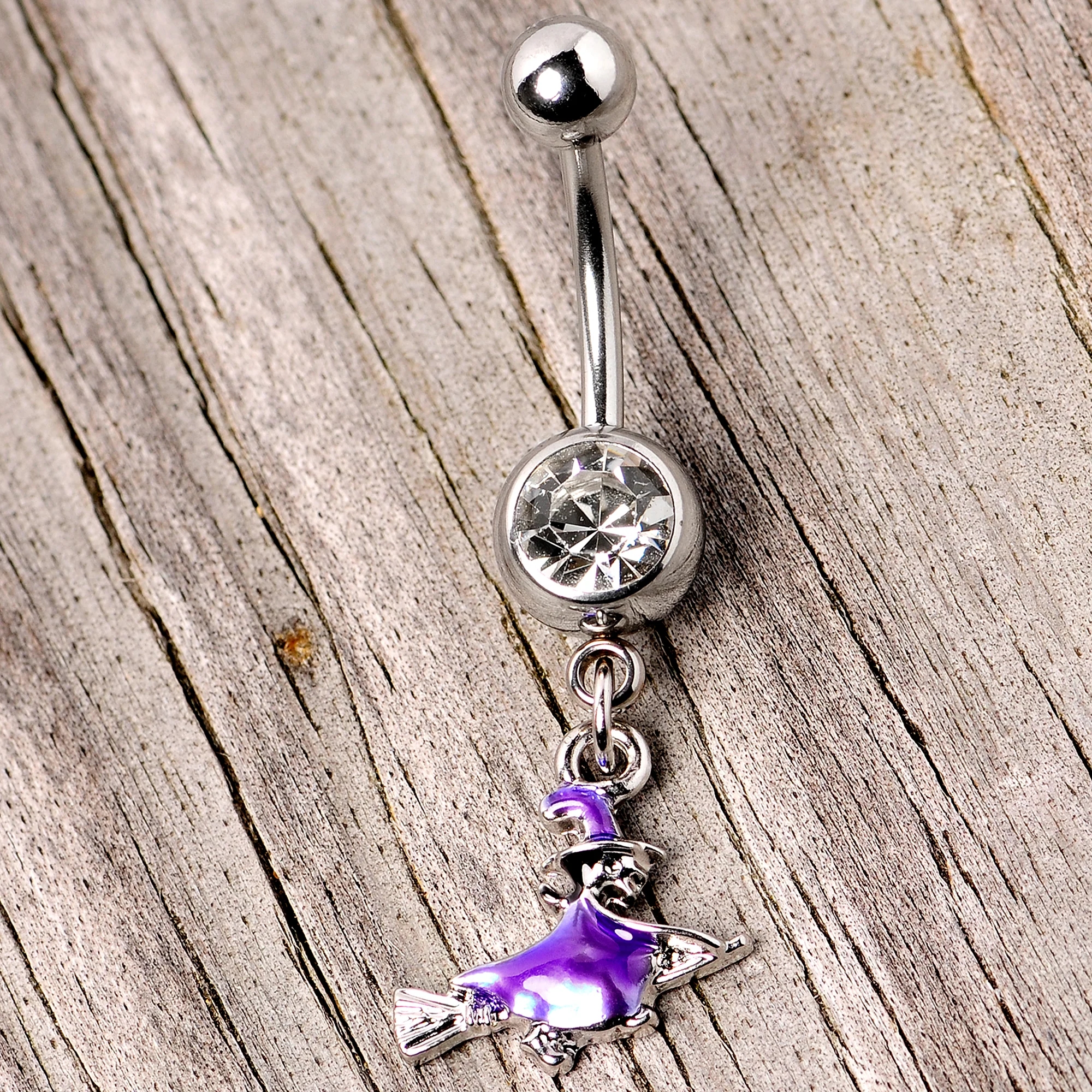 Clear Gem Blue Flying Witch Halloween Dangle Belly Ring - Image 4