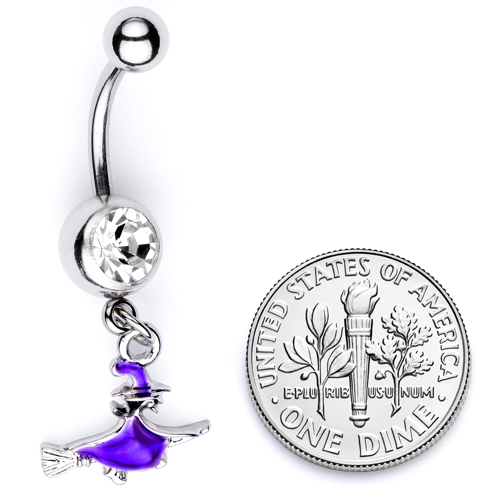 Clear Gem Blue Flying Witch Halloween Dangle Belly Ring - Image 5