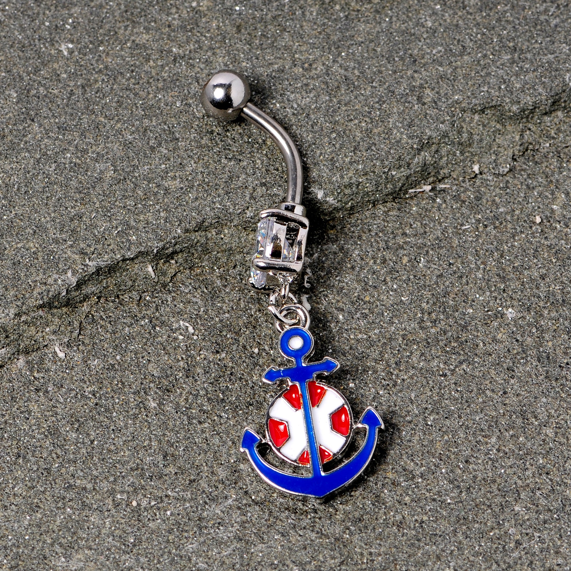 Clear Gem Blue Red Life Ring Anchor Nautical Belly Ring - Image 3