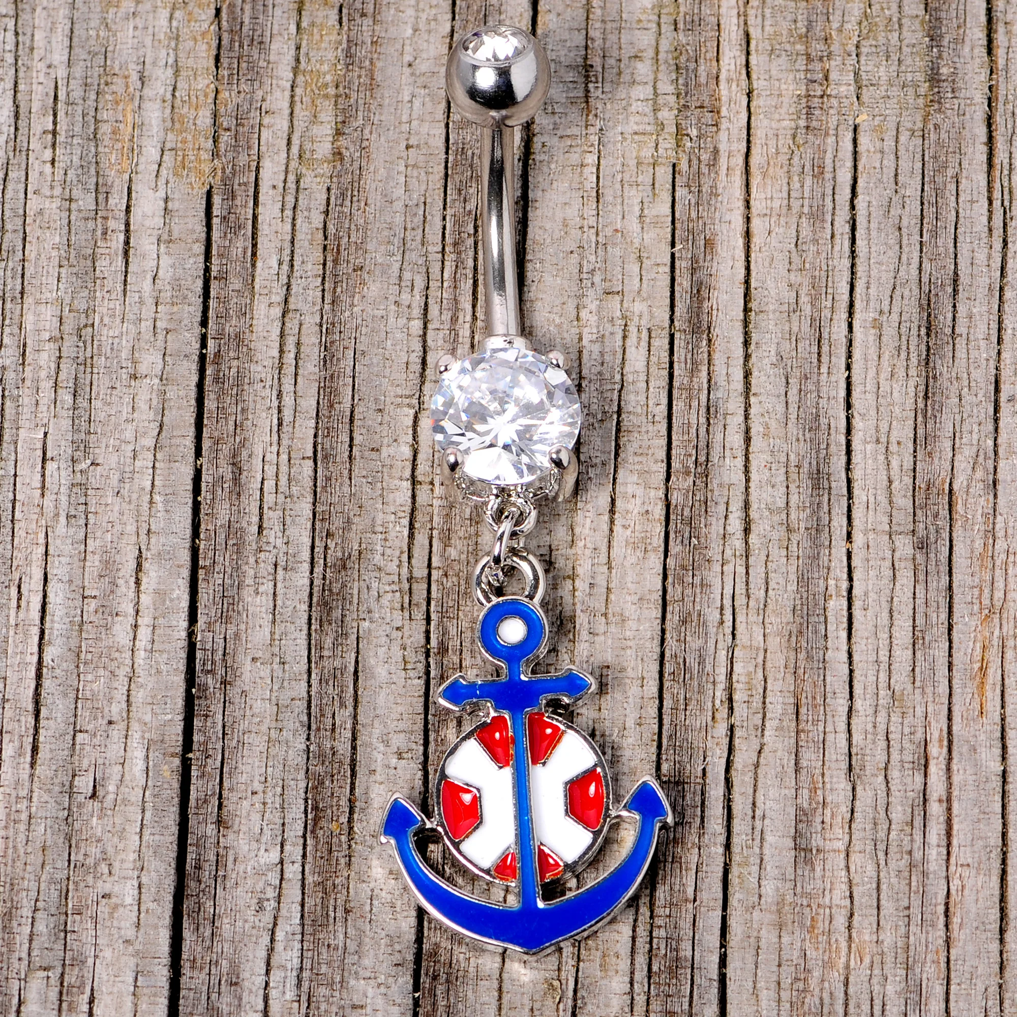 Clear Gem Blue Red Life Ring Anchor Nautical Belly Ring - Image 4