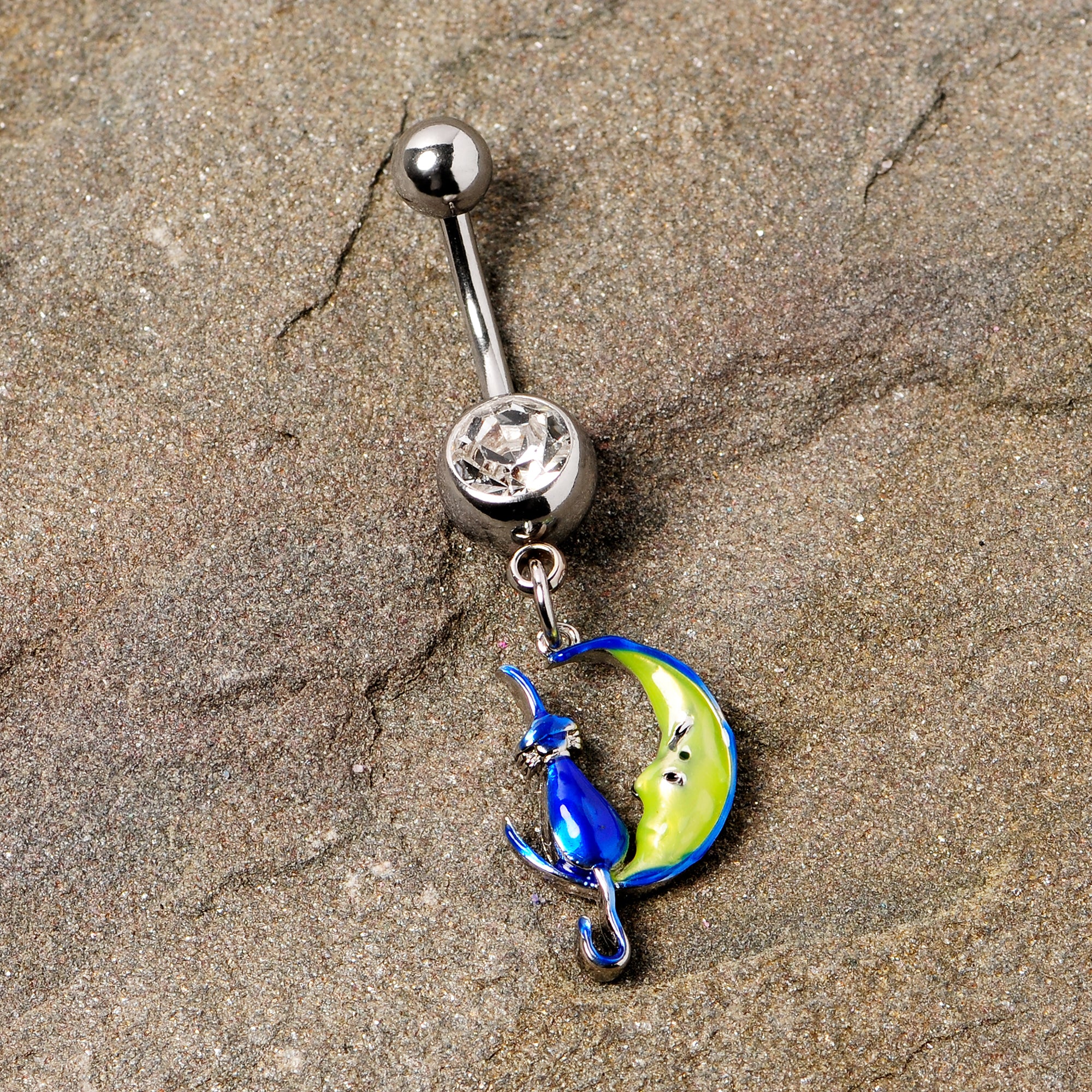 Clear Gem Blue Witch Cat Moon Halloween Dangle Belly Ring - Image 2