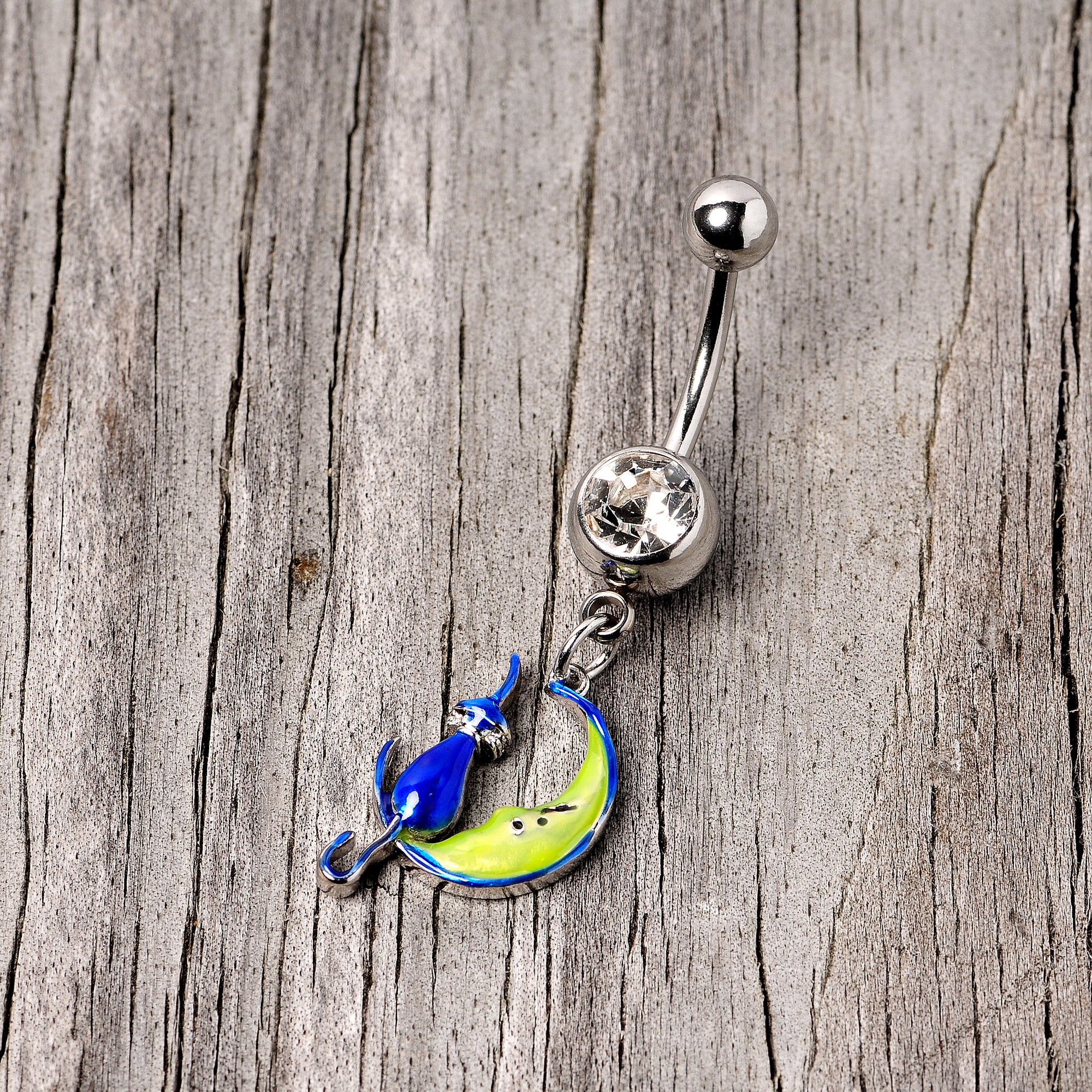 Clear Gem Blue Witch Cat Moon Halloween Dangle Belly Ring - Image 3