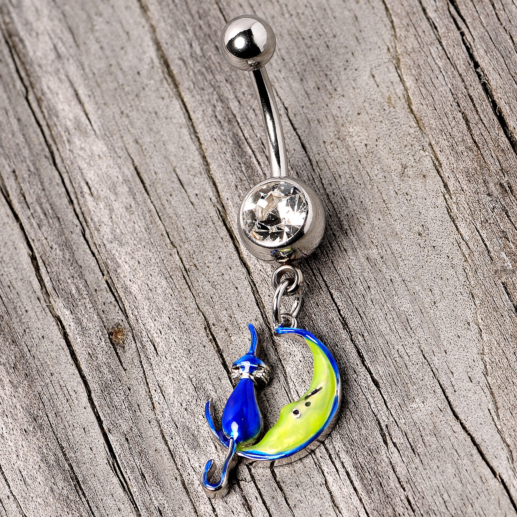 Clear Gem Blue Witch Cat Moon Halloween Dangle Belly Ring - Image 4