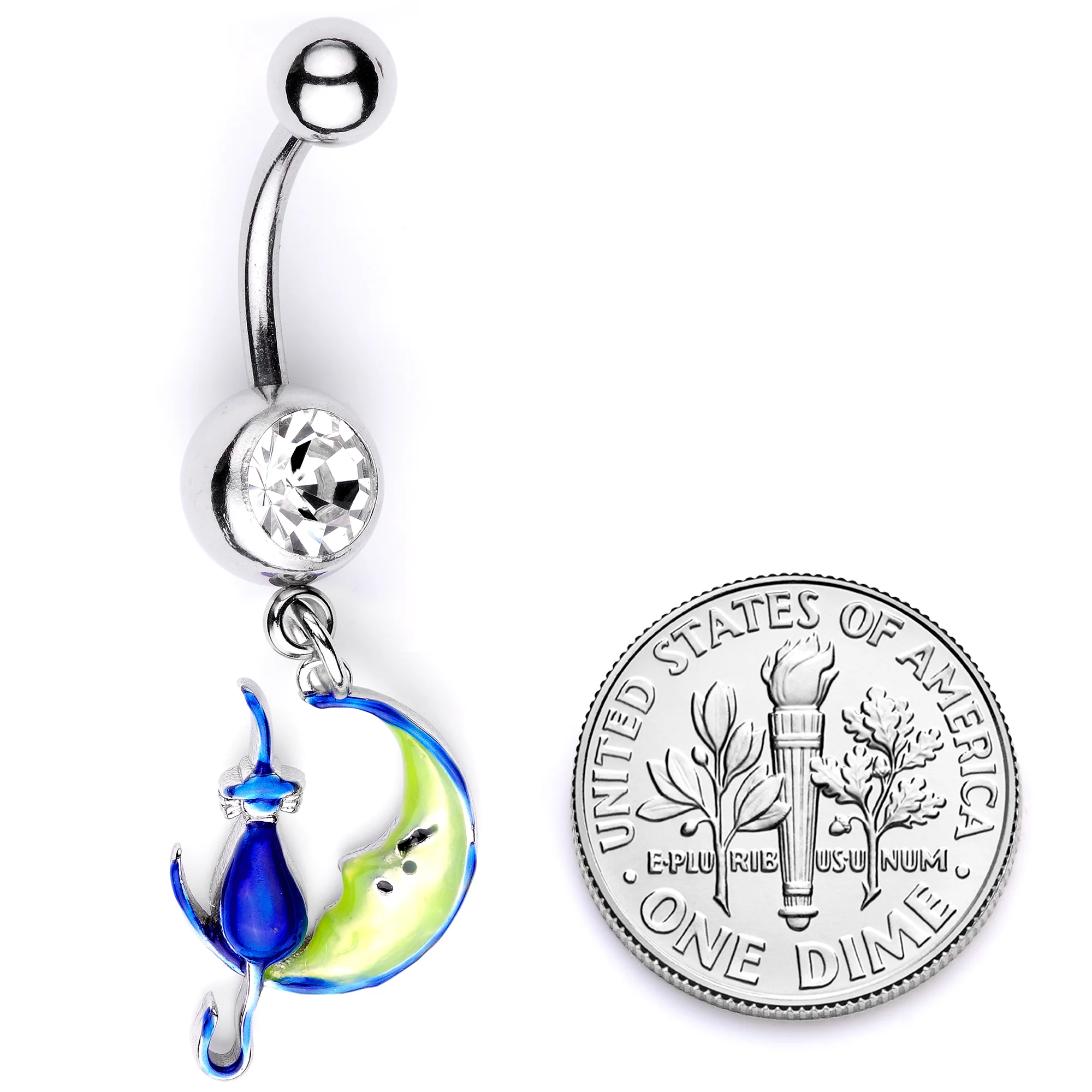 Clear Gem Blue Witch Cat Moon Halloween Dangle Belly Ring - Image 5