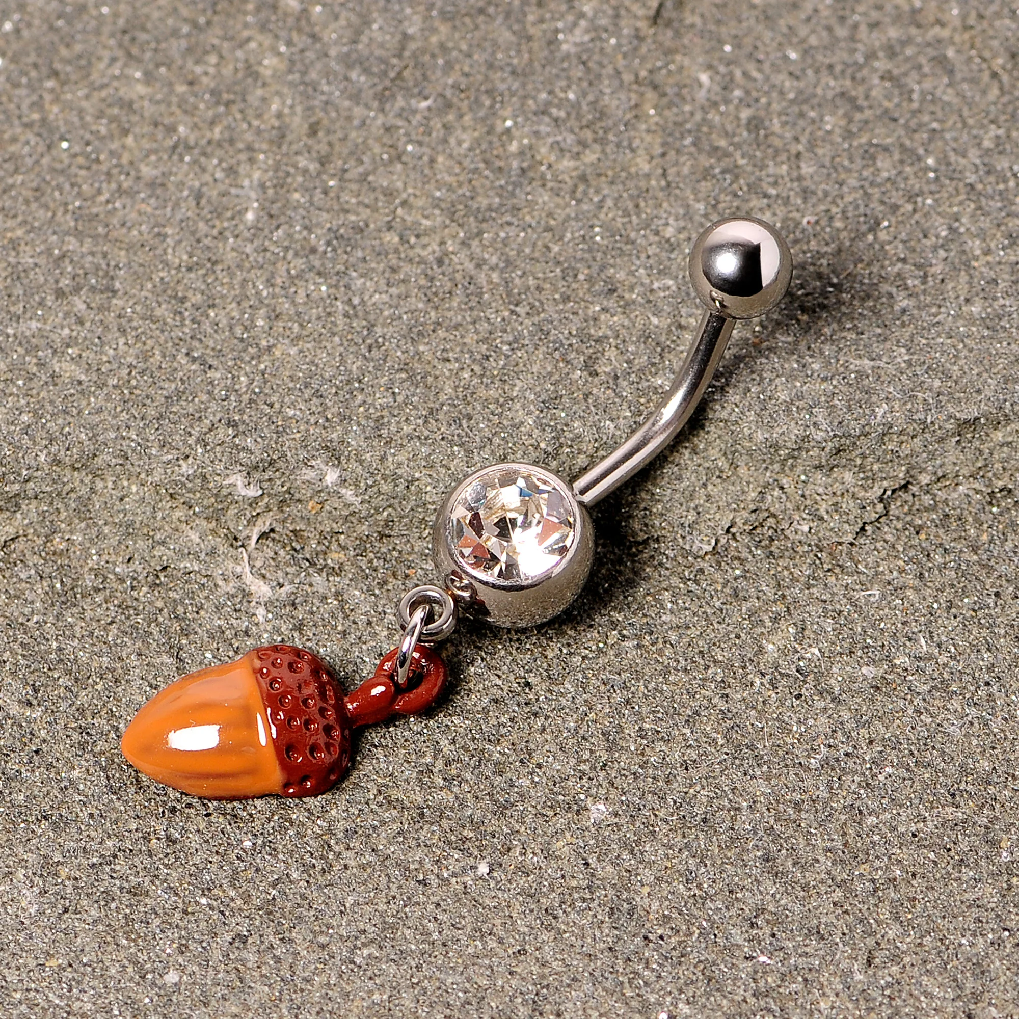Clear Gem Brown Autumn Acorn Dangle Belly Ring - Image 3