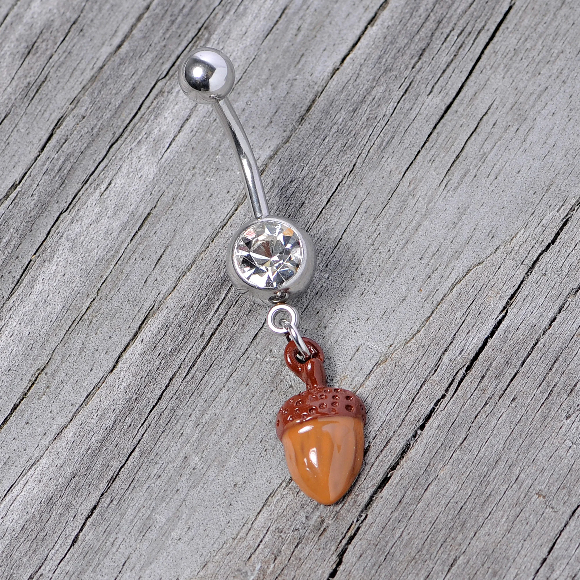 Clear Gem Brown Autumn Acorn Dangle Belly Ring - Image 4