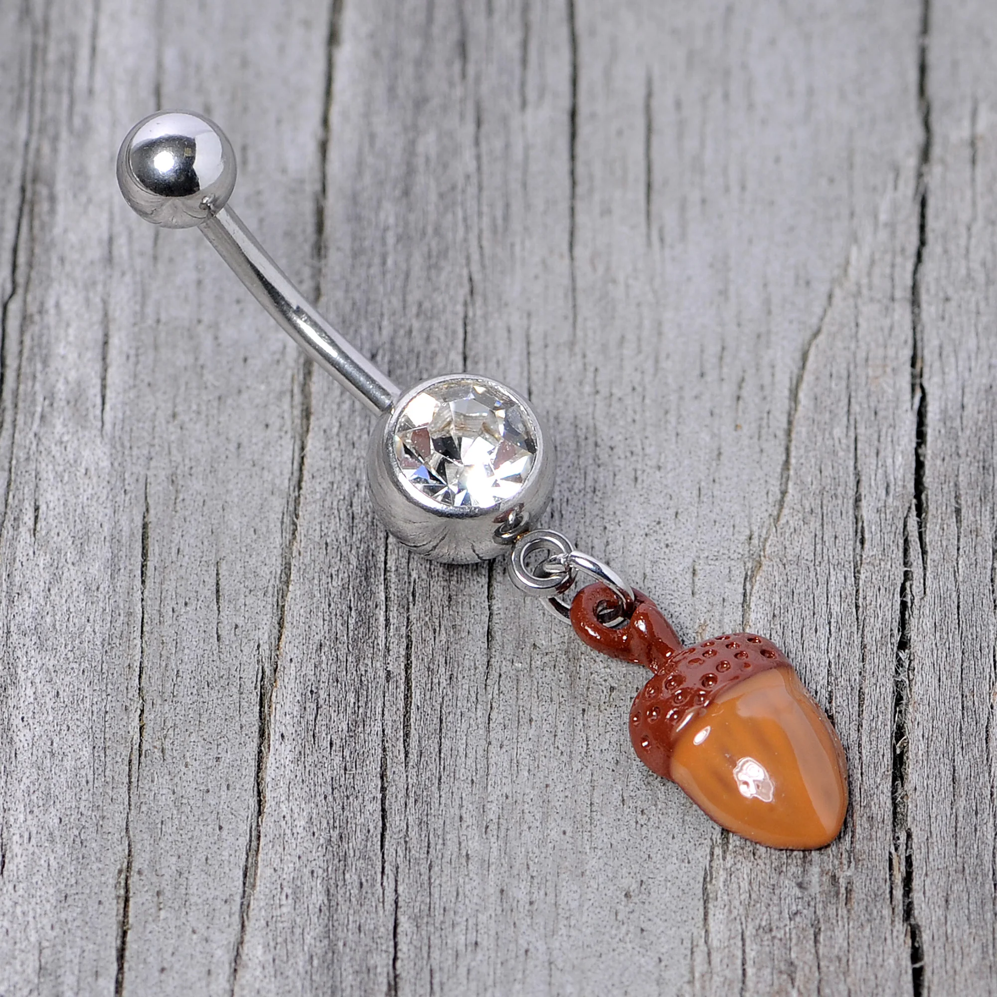 Clear Gem Brown Autumn Acorn Dangle Belly Ring - Image 5