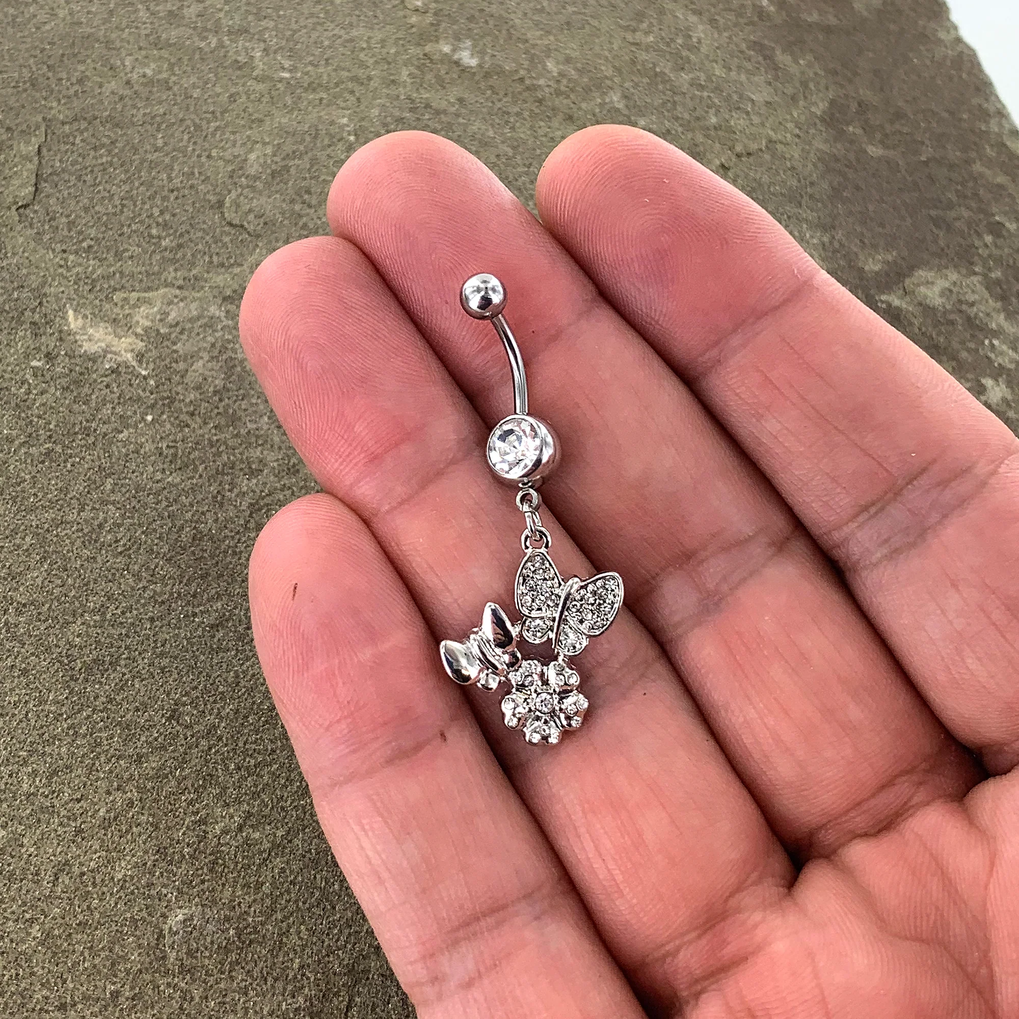 Clear Gem Butterflies Tiny Flower Dangle Belly Ring - Image 4