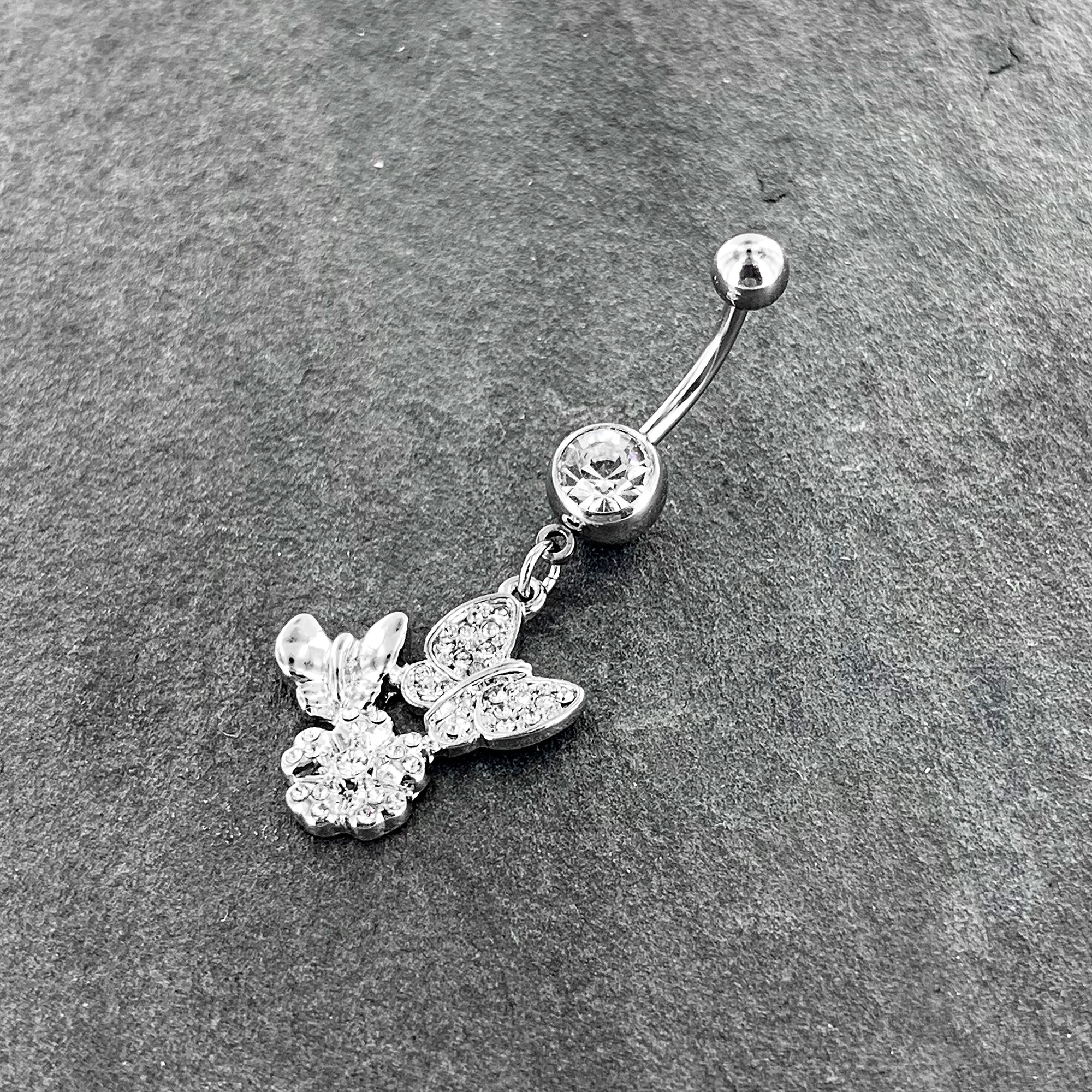 Clear Gem Butterflies Tiny Flower Dangle Belly Ring - Image 5