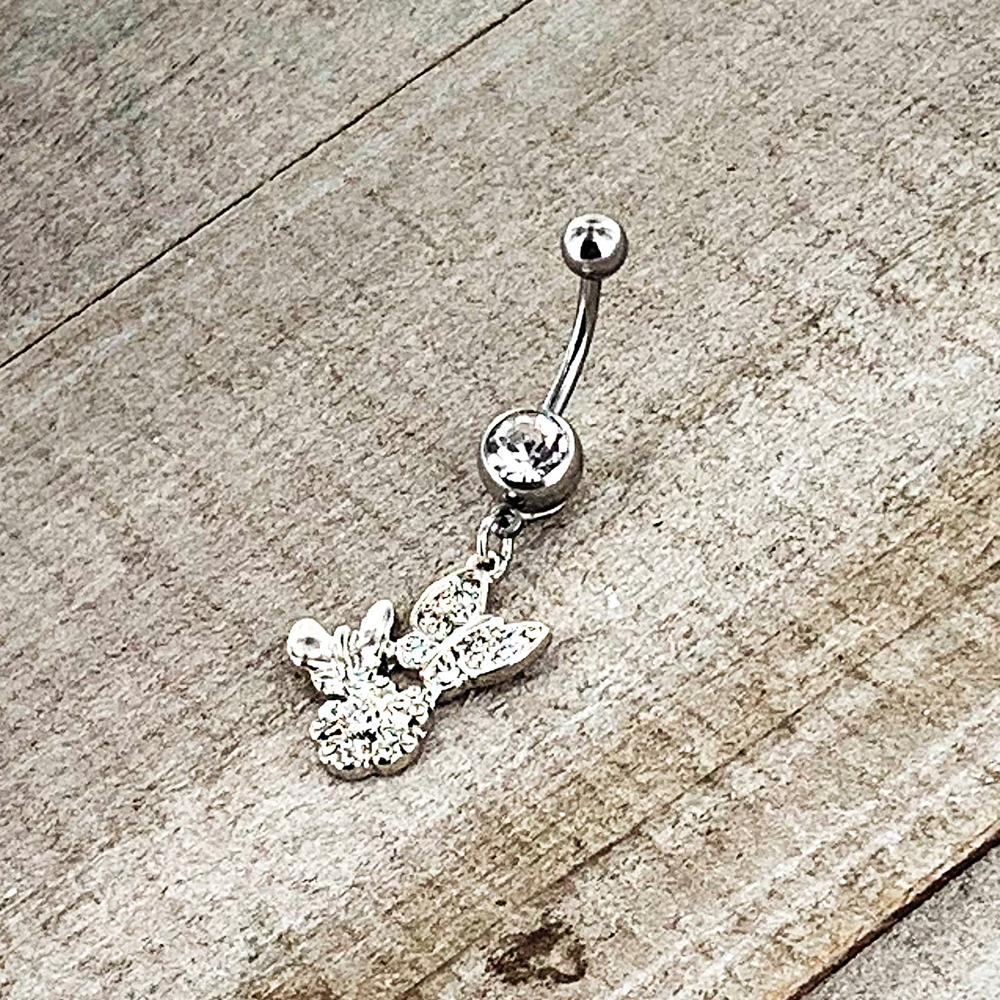 Clear Gem Butterflies Tiny Flower Dangle Belly Ring - Image 6