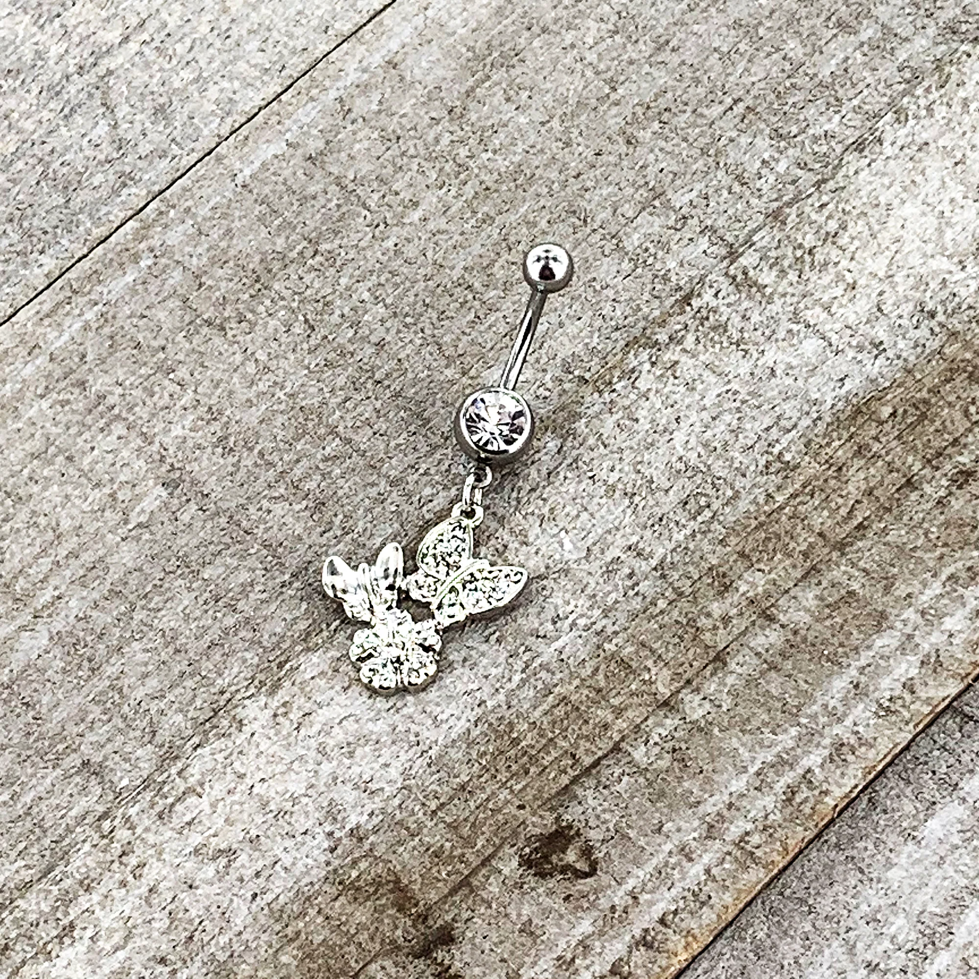 Clear Gem Butterflies Tiny Flower Dangle Belly Ring - Image 8