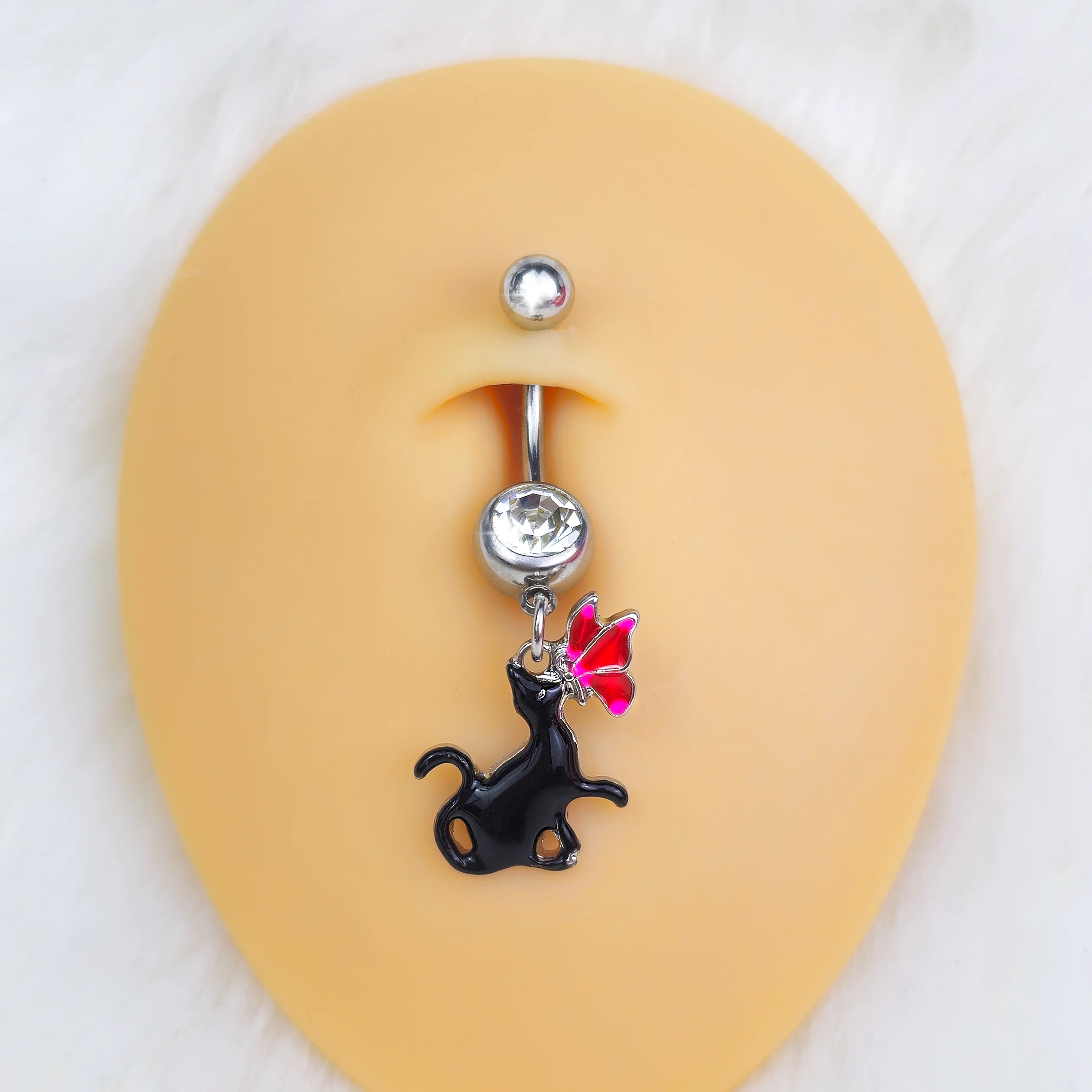Clear Gem Butterfly Black Cat Dangle Belly Ring - Image 2