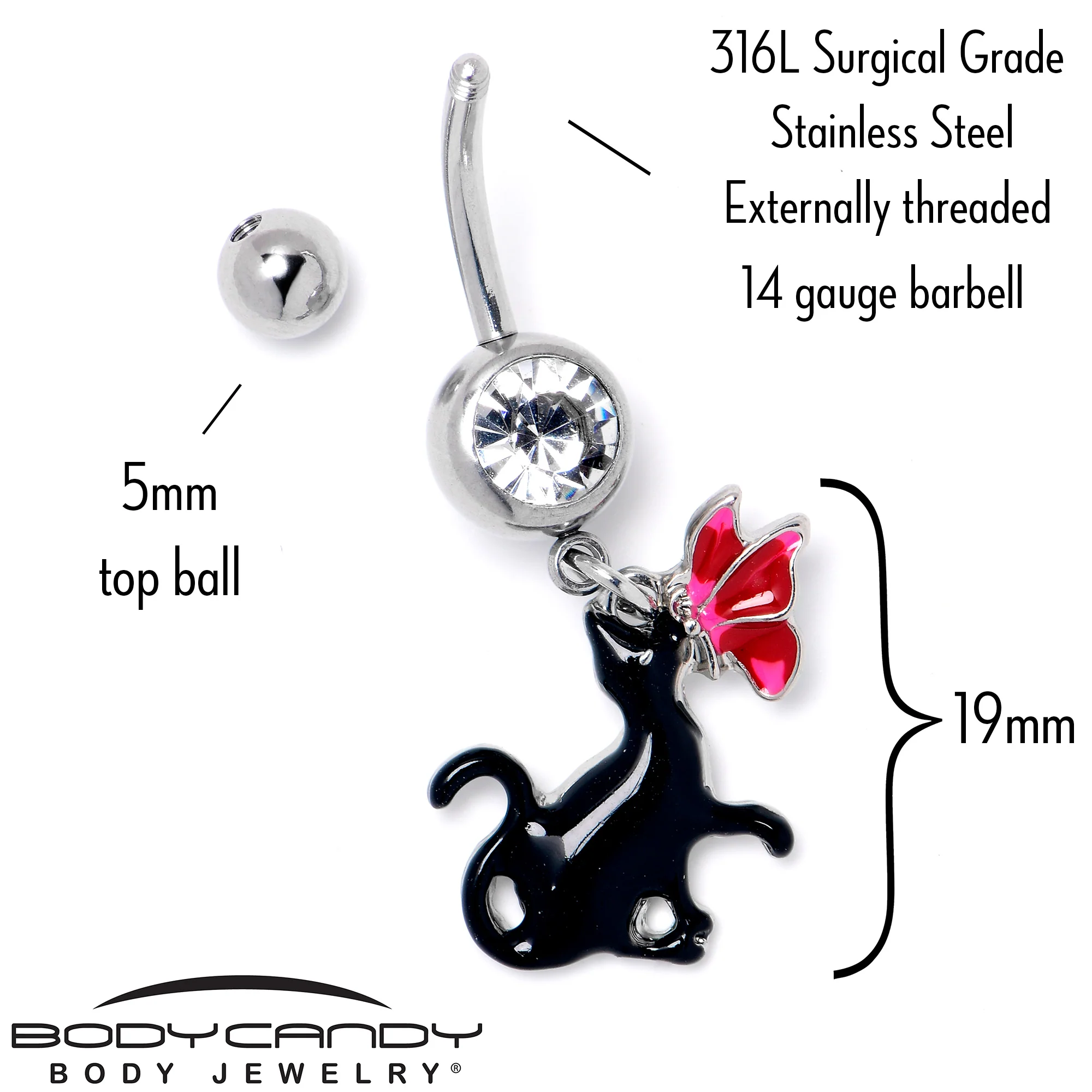 Clear Gem Butterfly Black Cat Dangle Belly Ring - Image 4