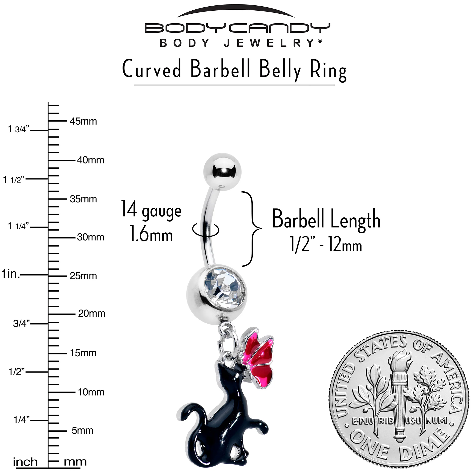 Clear Gem Butterfly Black Cat Dangle Belly Ring - Image 5