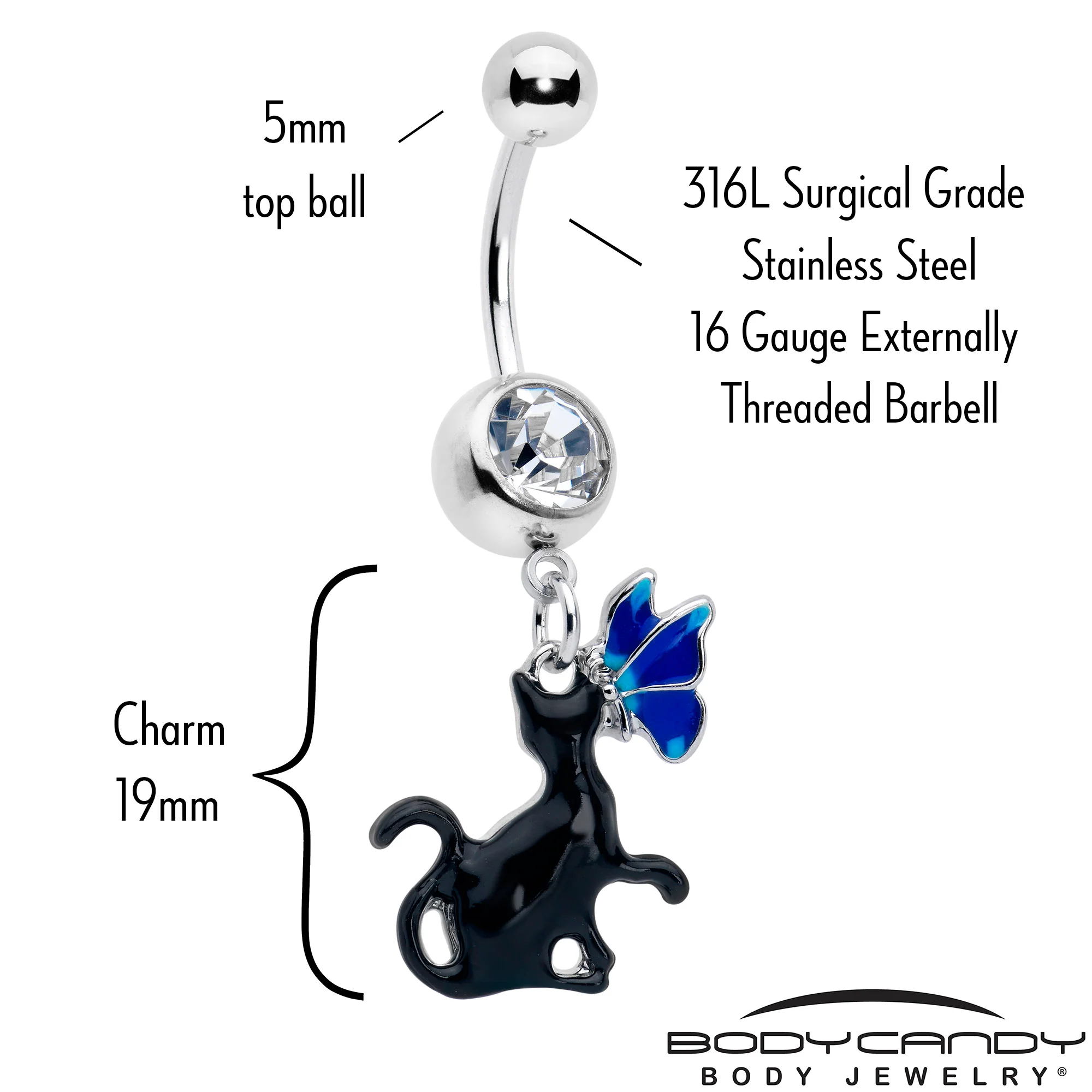 Clear Gem Butterfly Blue Black Cat Dangle Belly Ring - Image 2