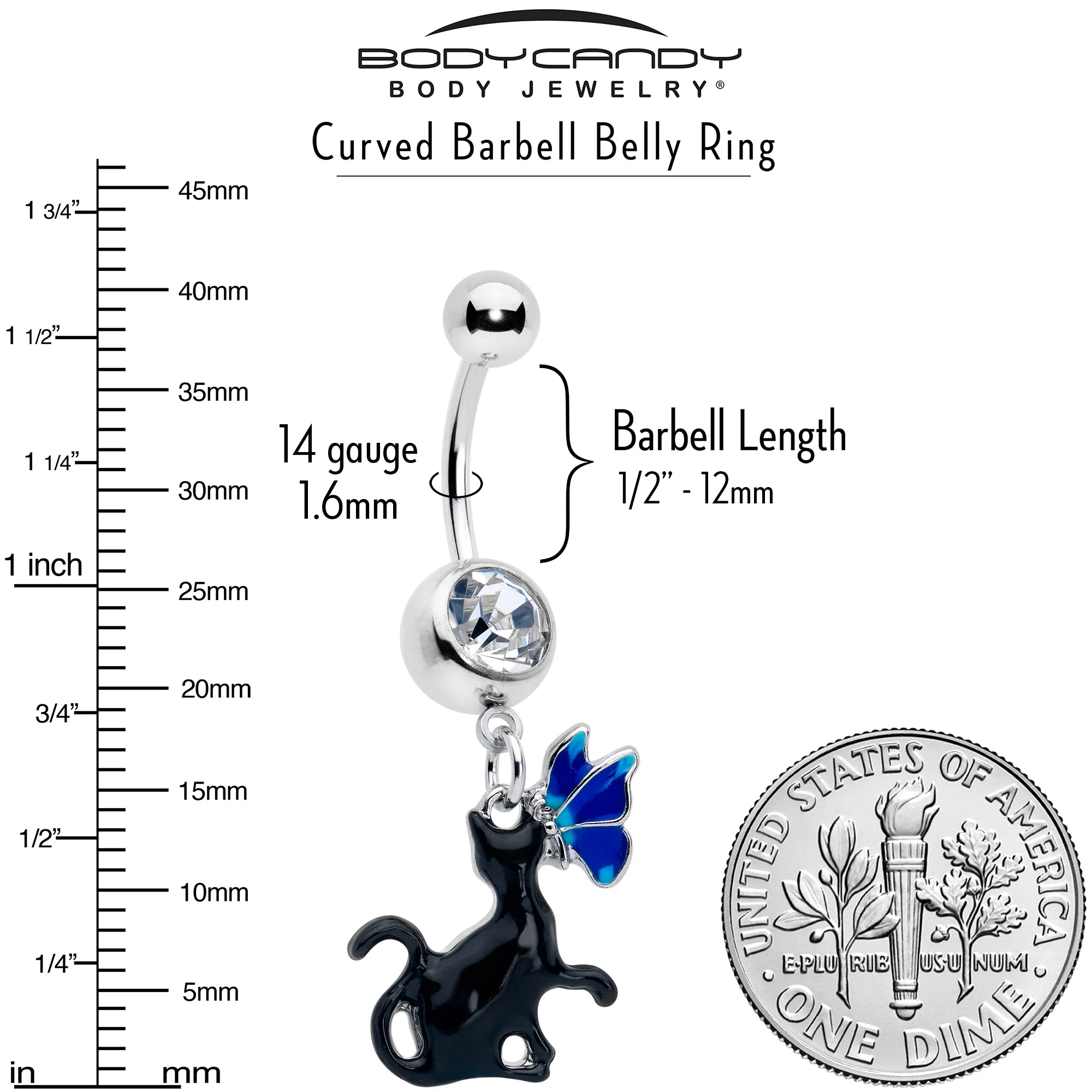Clear Gem Butterfly Blue Black Cat Dangle Belly Ring - Image 3