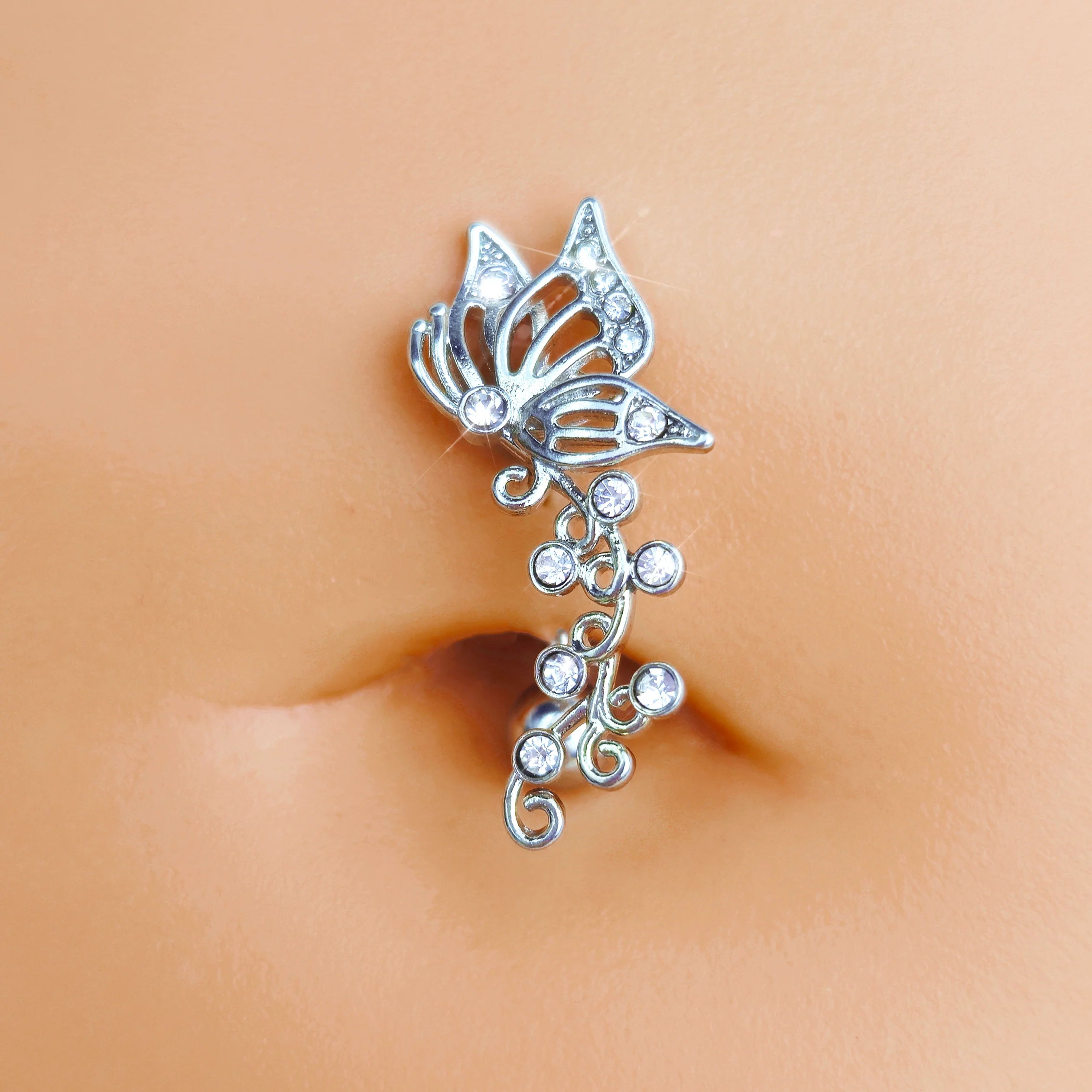 Clear Gem Butterfly Flower Garland Top Mount Belly Ring - Image 2