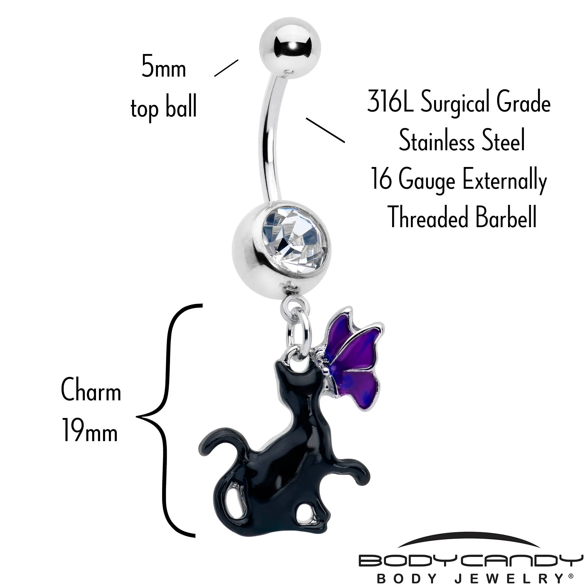 Clear Gem Butterfly Purple Black Cat Dangle Belly Ring - Image 2