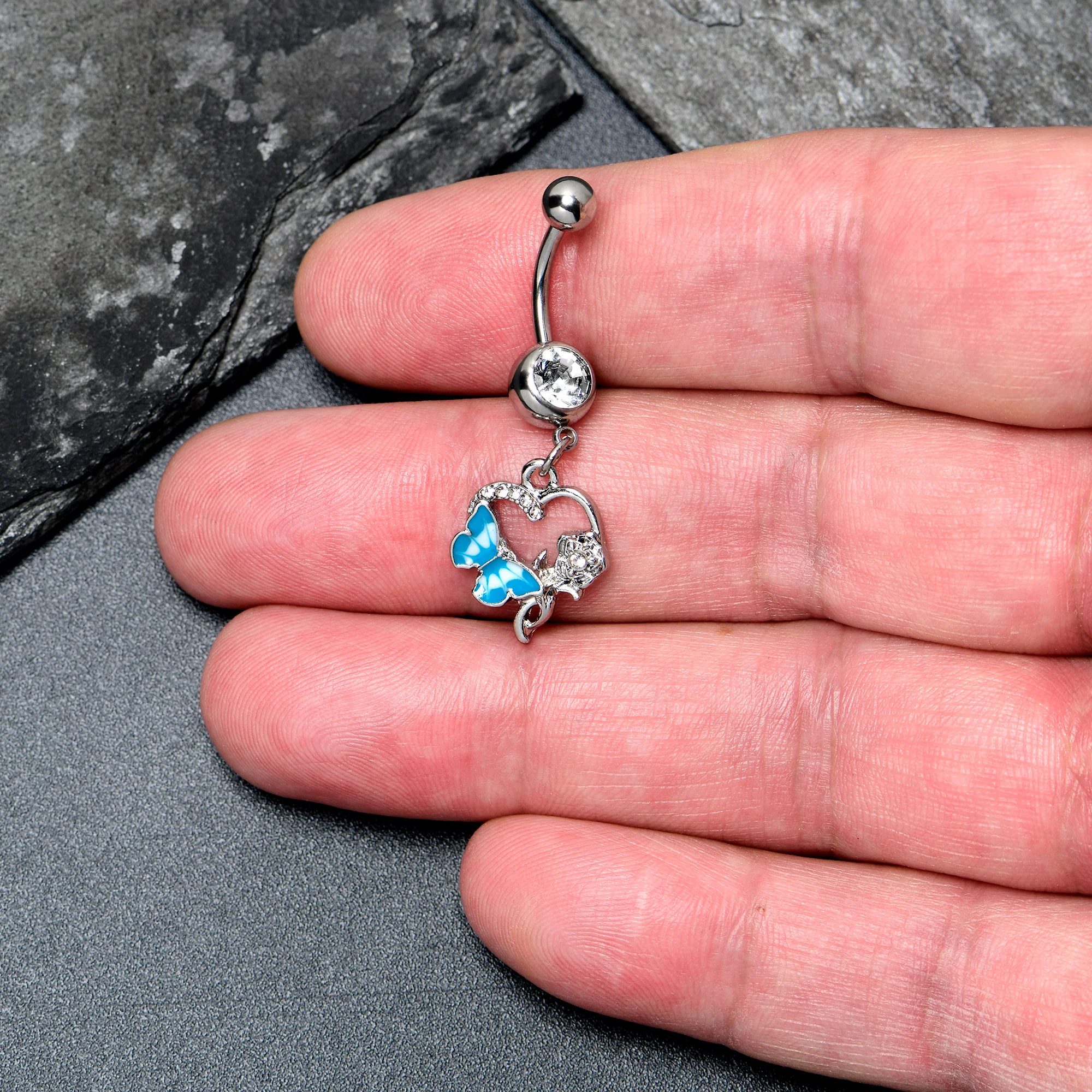 Clear Gem Butterfly Rose Flower Blue Dangle Belly Ring - Image 2