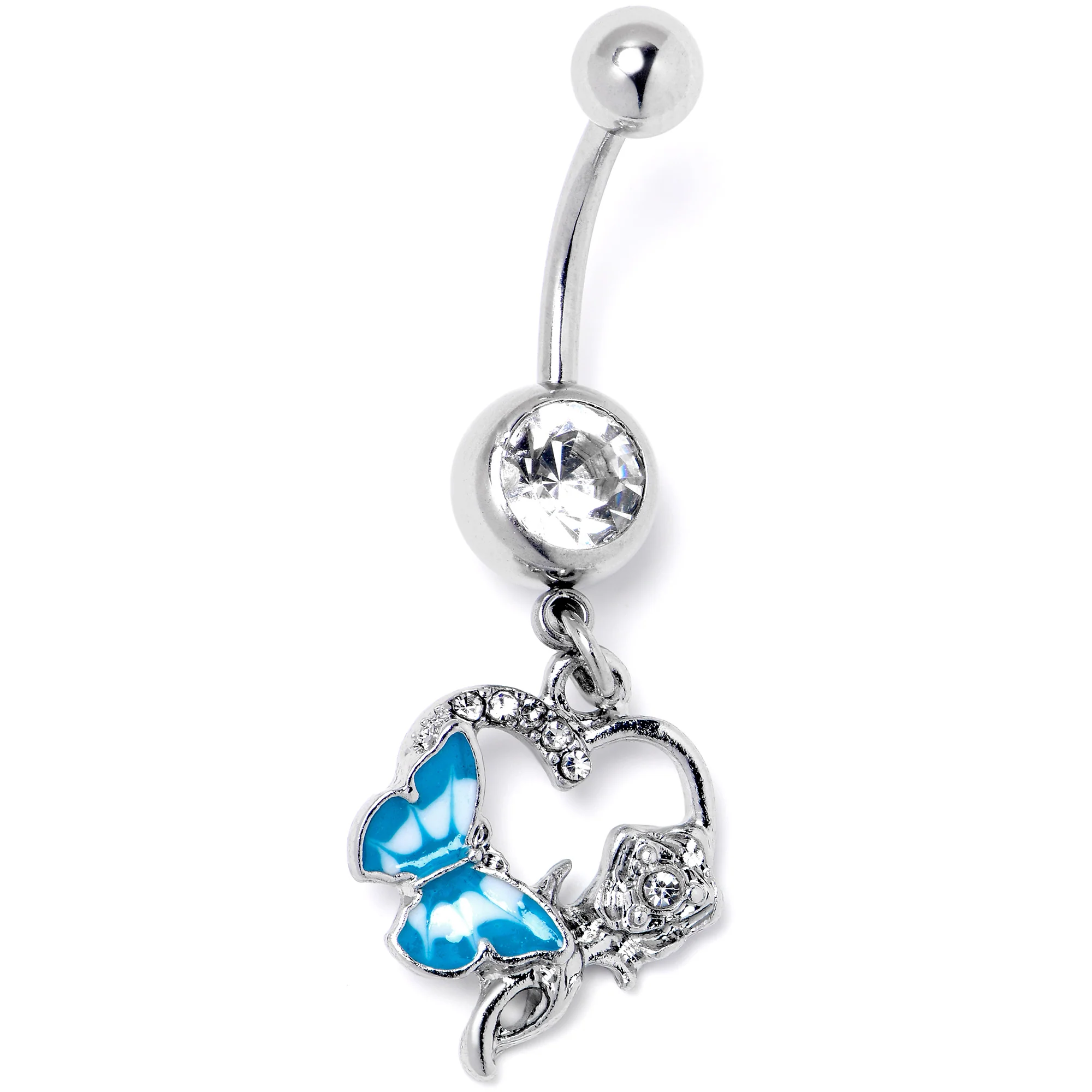 Clear Gem Butterfly Rose Flower Blue Dangle Belly Ring - Image 3