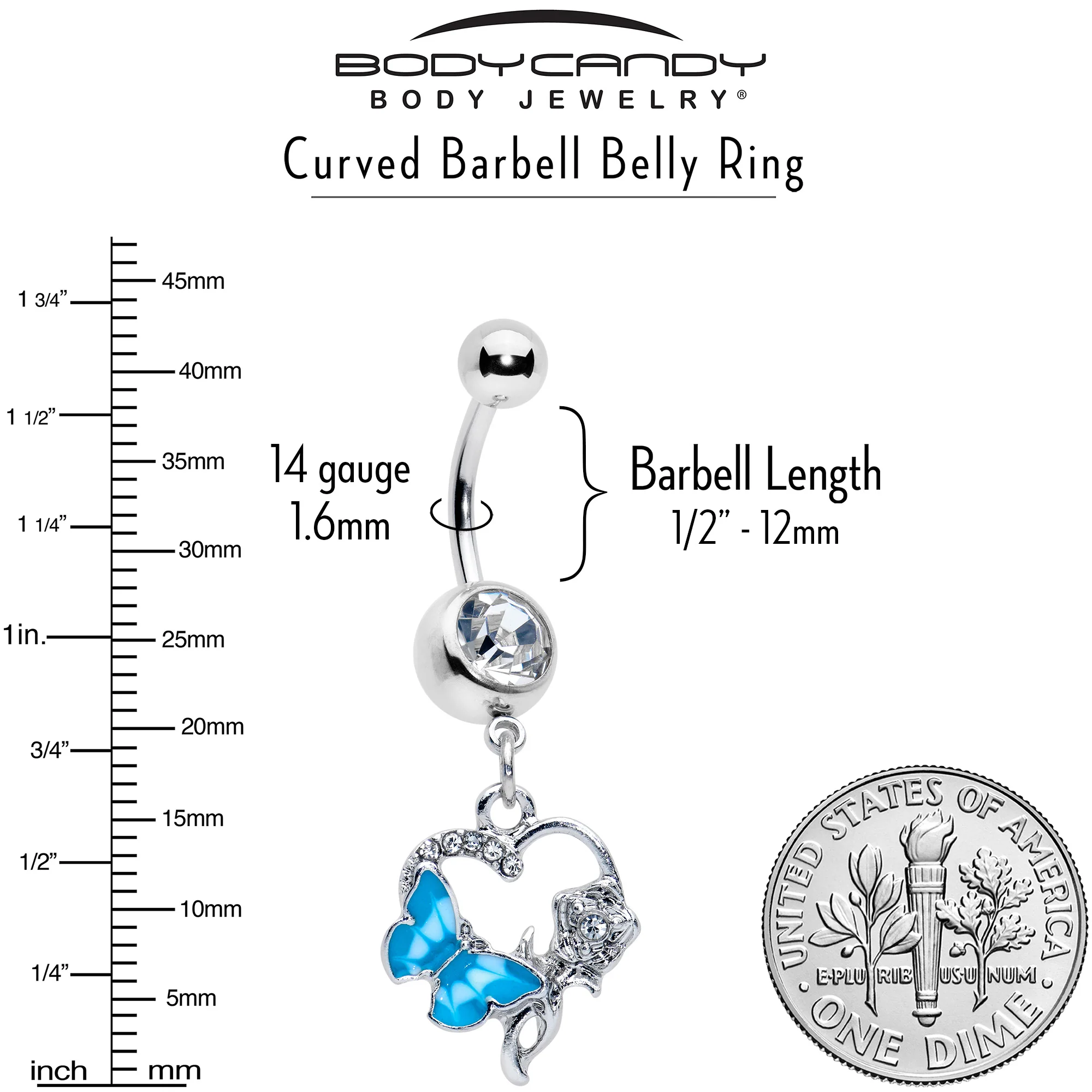 Clear Gem Butterfly Rose Flower Blue Dangle Belly Ring - Image 5